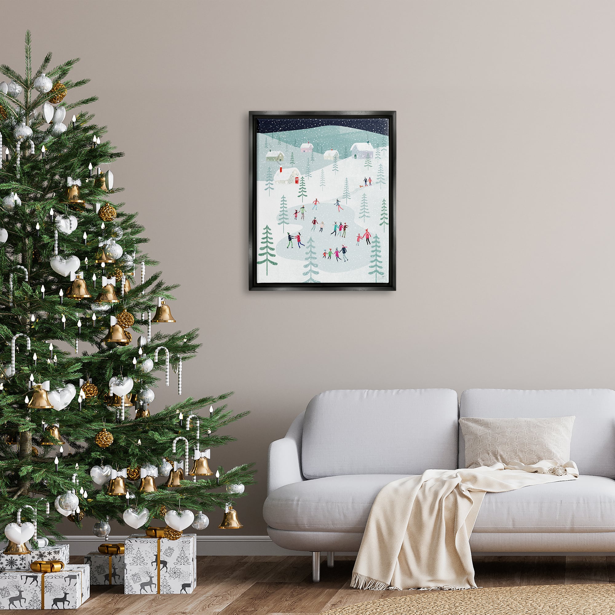 Stupell Industries Ice Skating Families Snowfall Framed Floater Canvas Wall Art