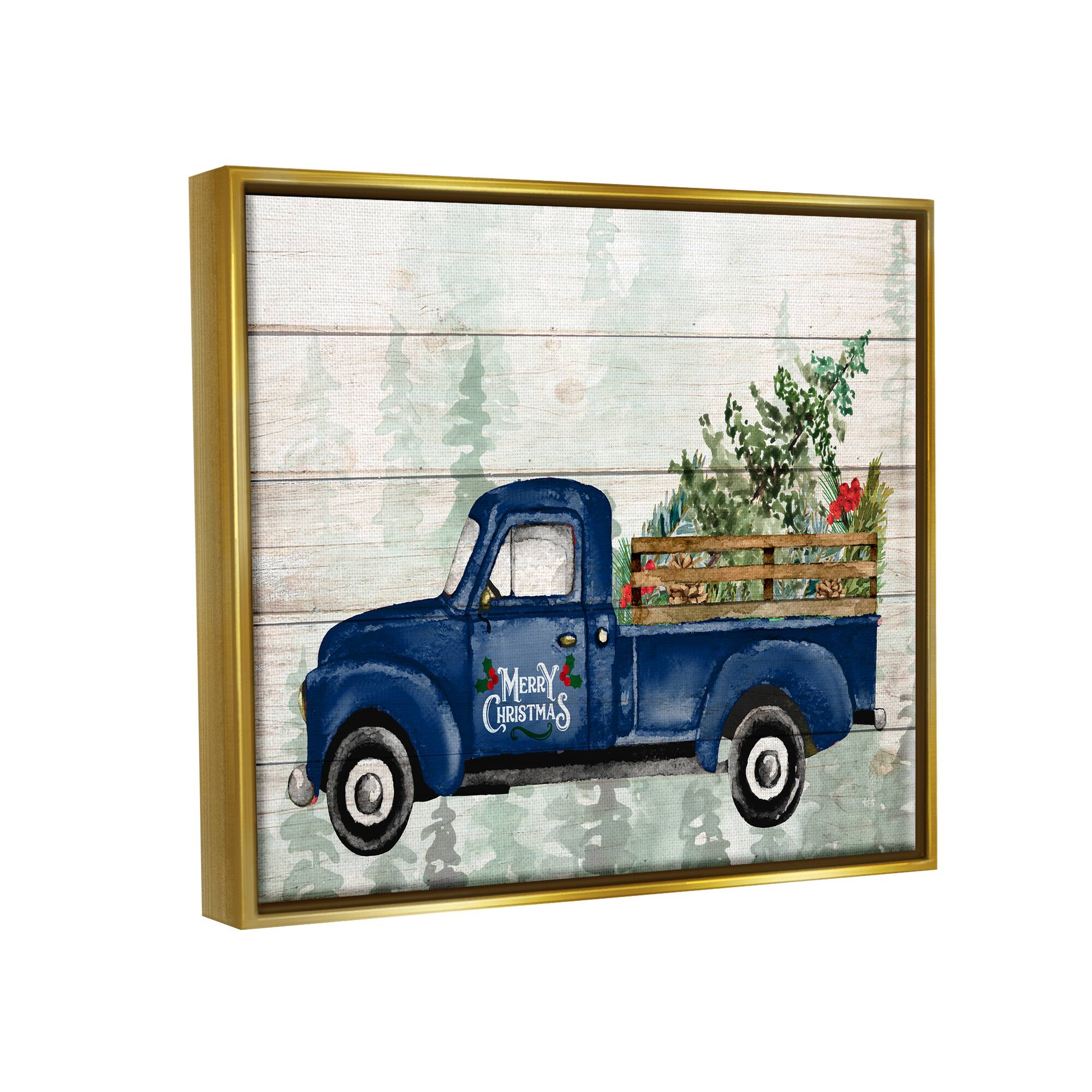 Stupell Industries Merry Christmas Blue Holiday Truck Framed Floater Canvas Wall Art