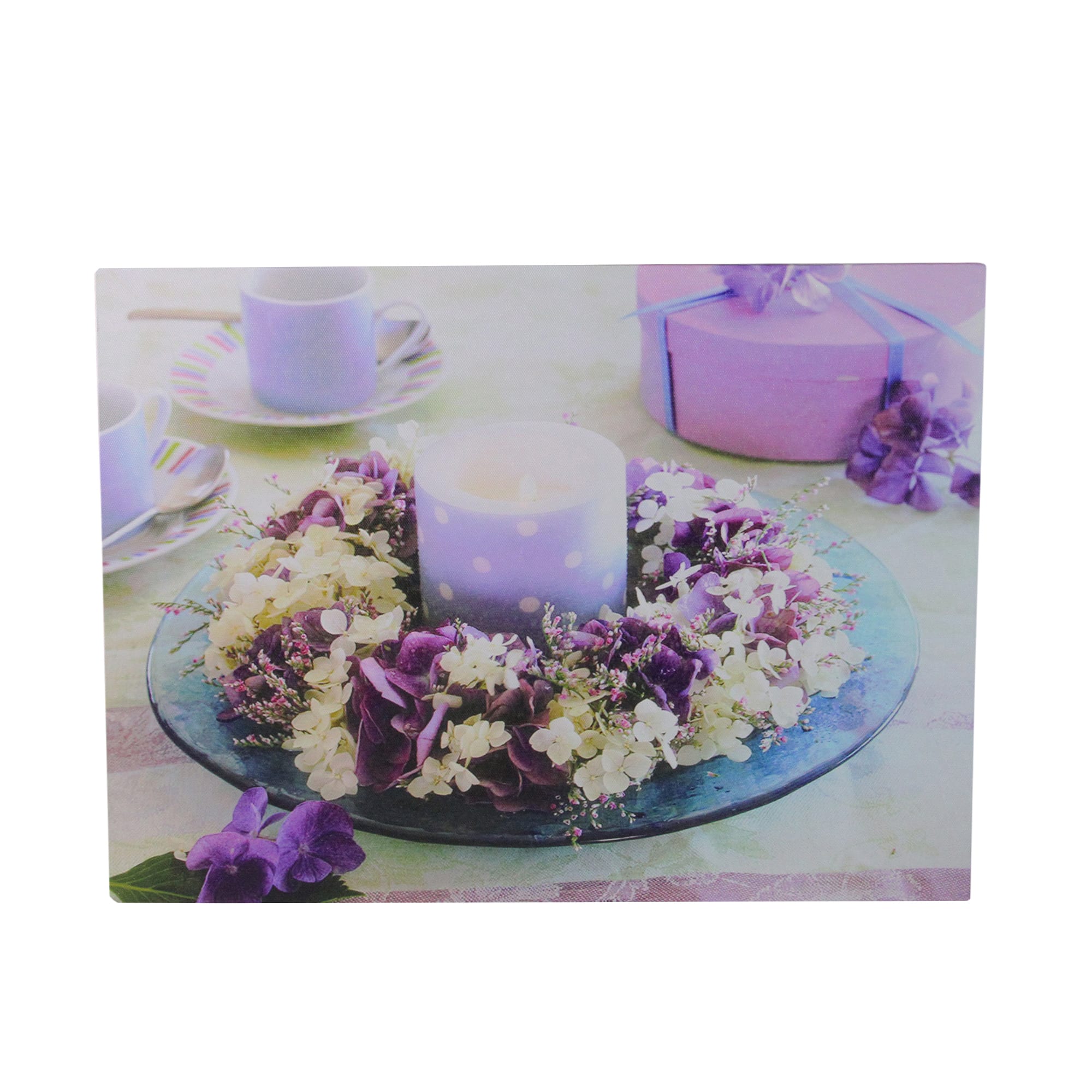 11.75" Lavender Lighted LED Polka Dot Candle in a Hydrangea Candle Ring Canvas Wall Art