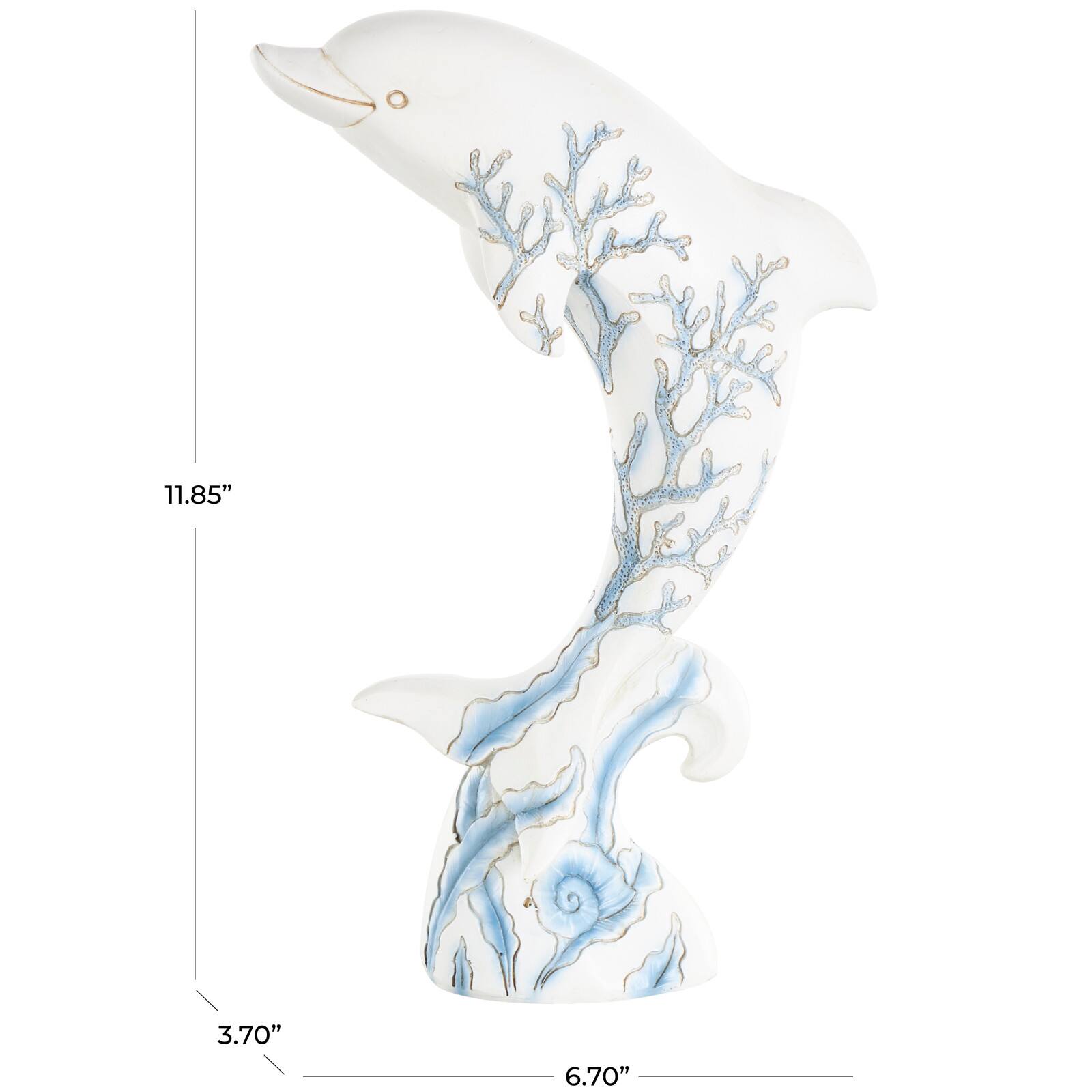 12" White with Blue Coral Pattern Curved Polystone Dolphin Sculpture