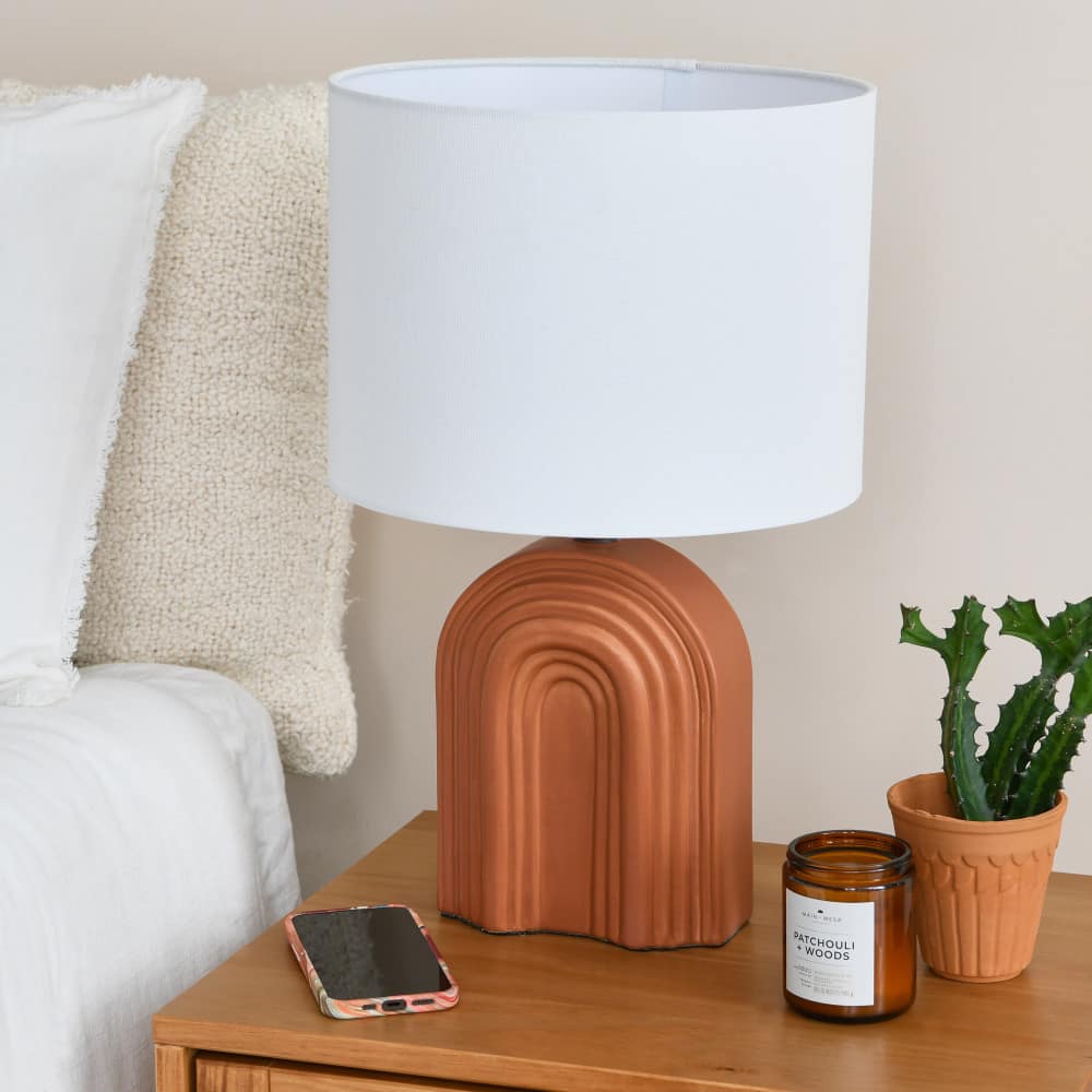 Hello Honey® 19" Carved Arch Stoneware Table Lamp with Linen Drum Shade
