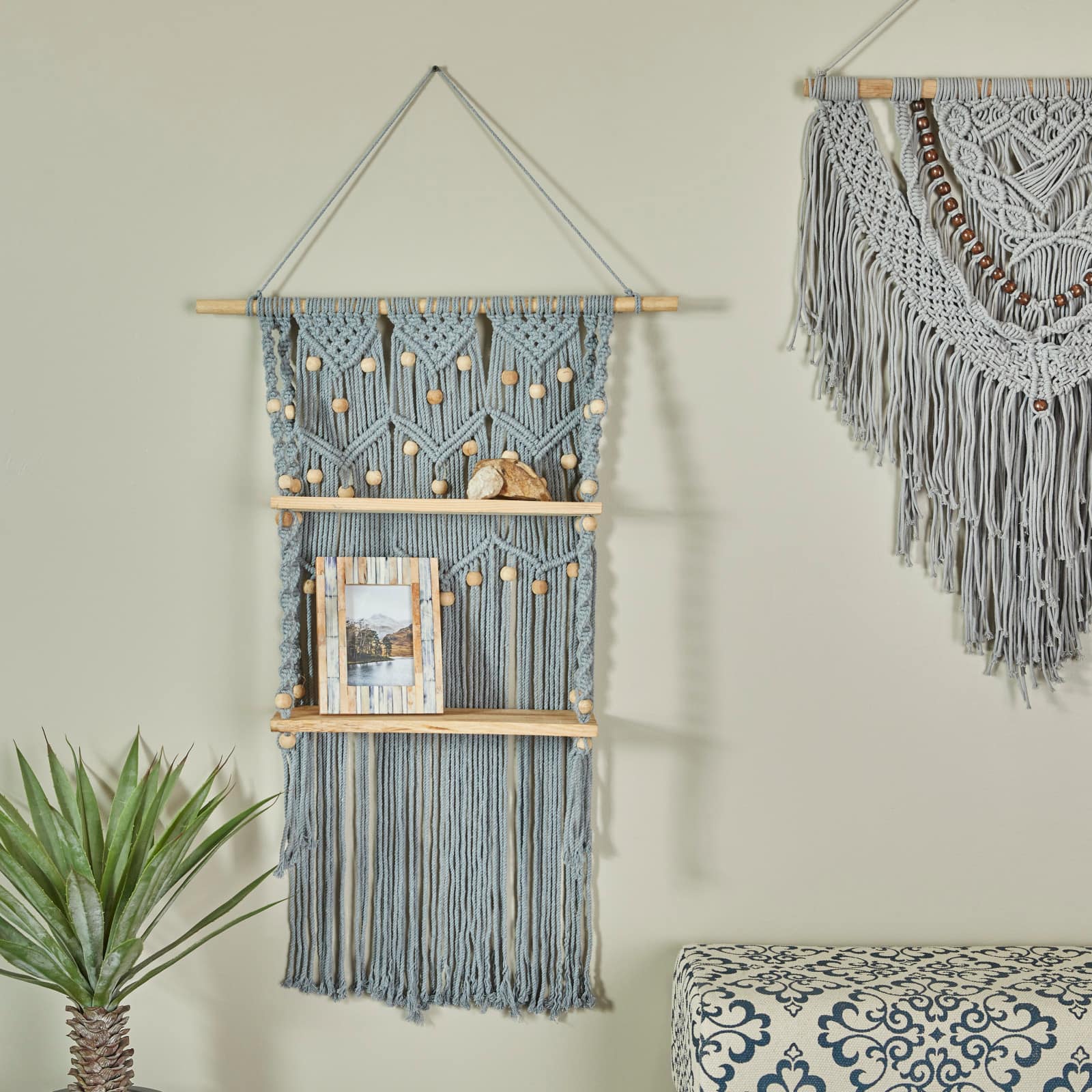 Gray Cotton Handmade 2 Shelves Macrame Wall Shelf 25" x 6" x 47"