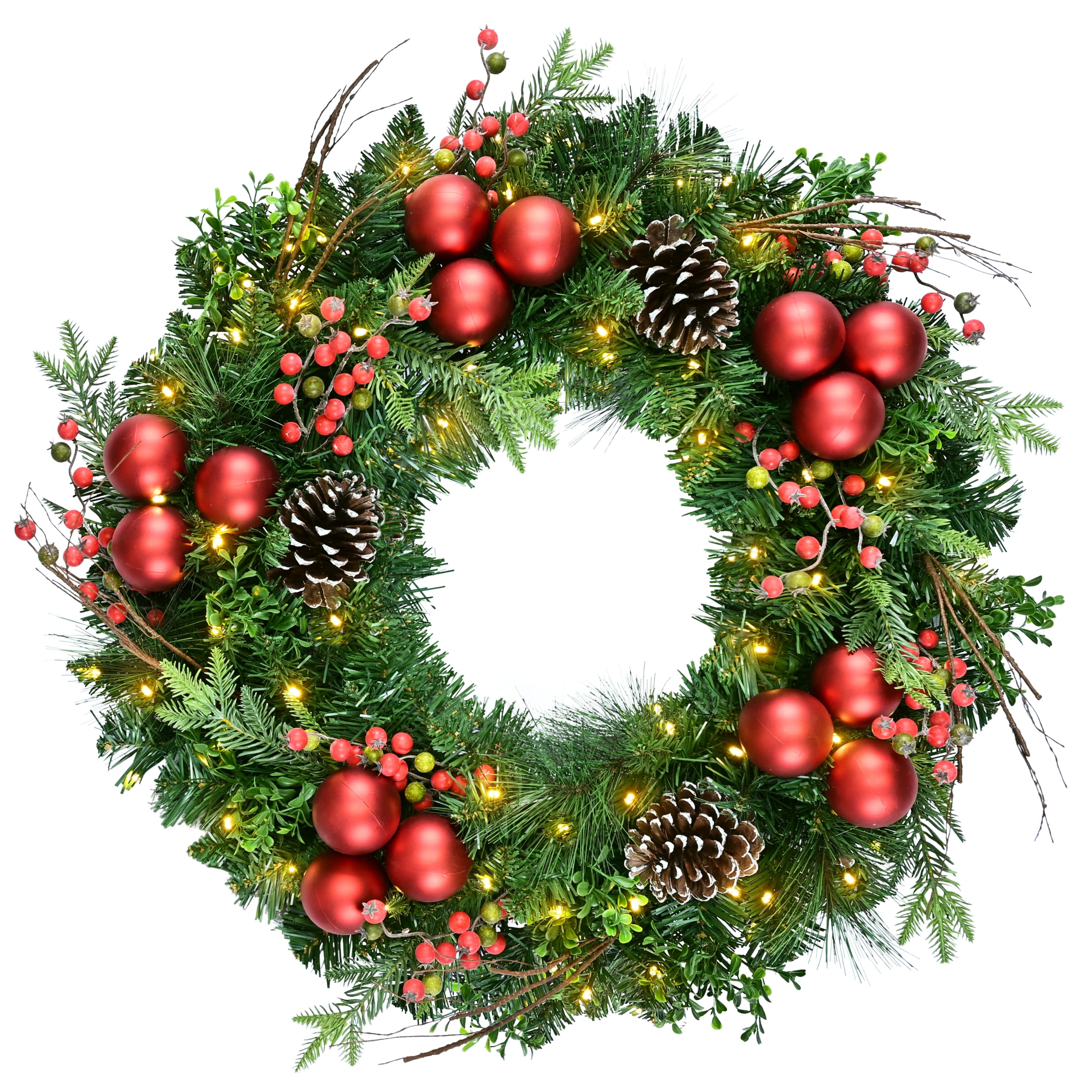 Puleo International 26" Pre-Lit Green Pine with Pinecones, Ornaments & Berries Artificial Christmas Wreath