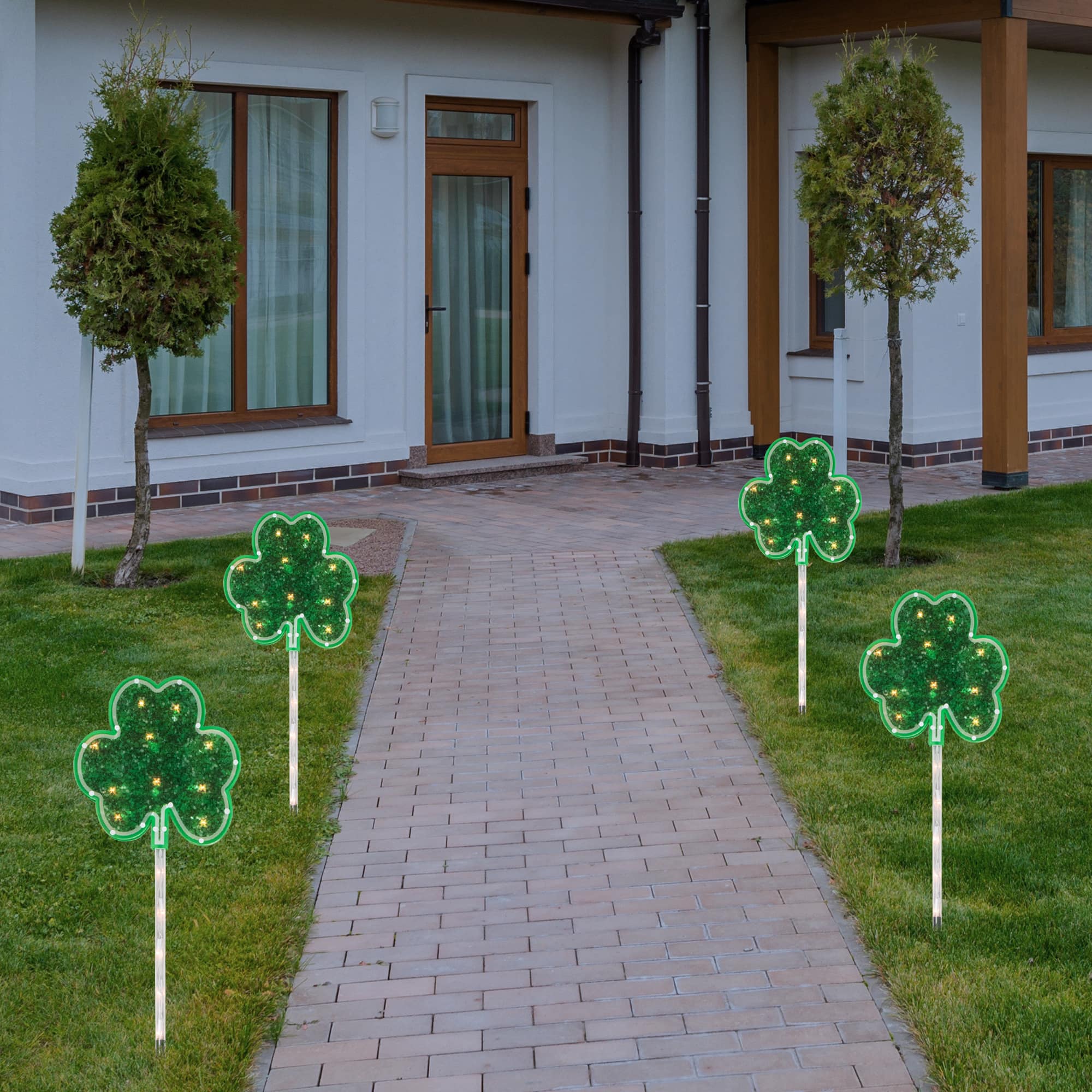 4ct Green Shamrock St Patrick's Day Pathway Marker Lawn Stakes Clear Lights