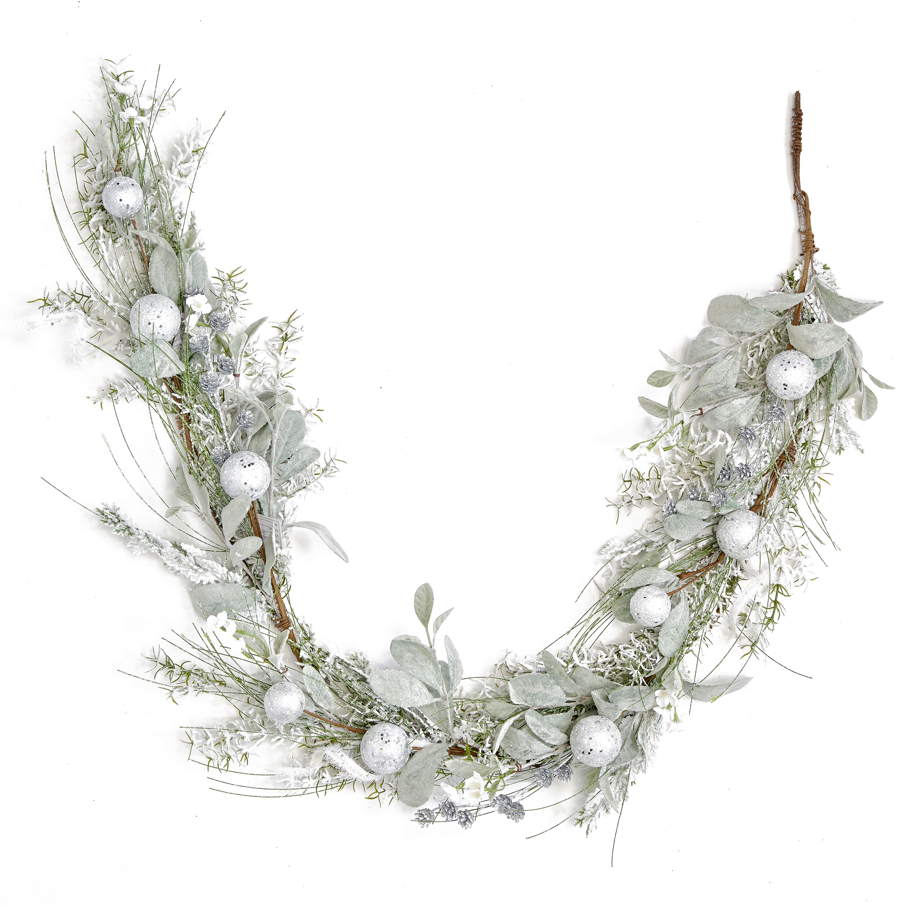 60" White Glittered Balls & Leaves Artificial Christmas Garland