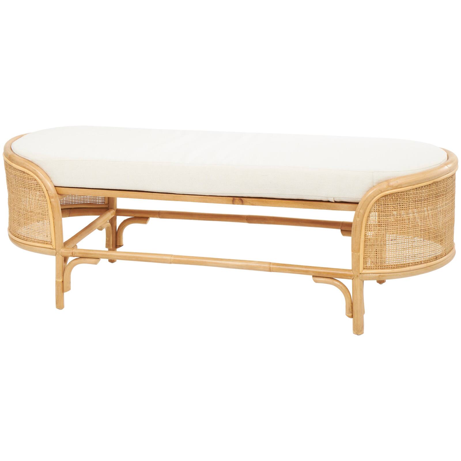 49" Brown Rattan Handmade Oval Bench with White Fabric Cushion