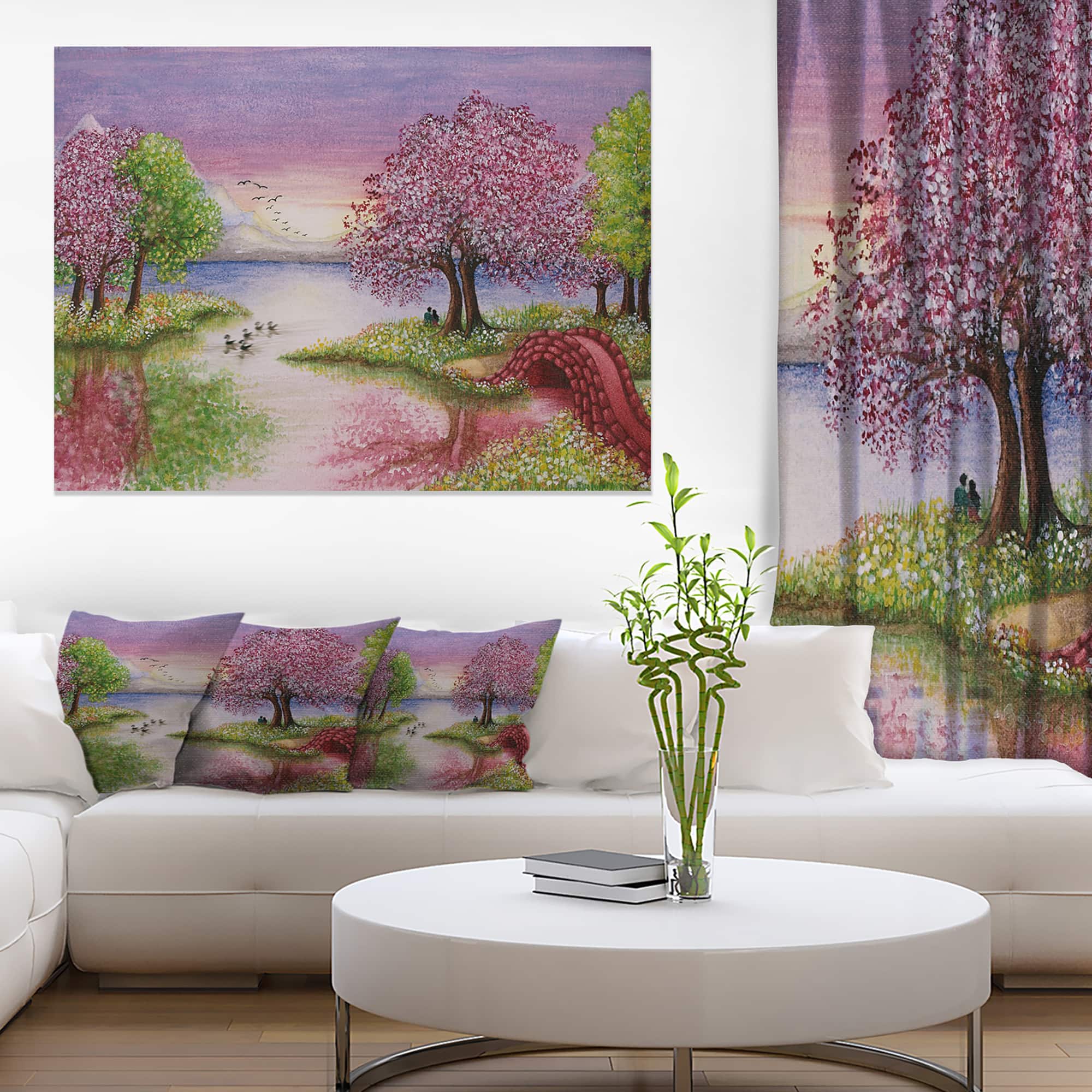 Designart - Romantic Lake in Pink and Green - Extra Large Wall Art Landscape