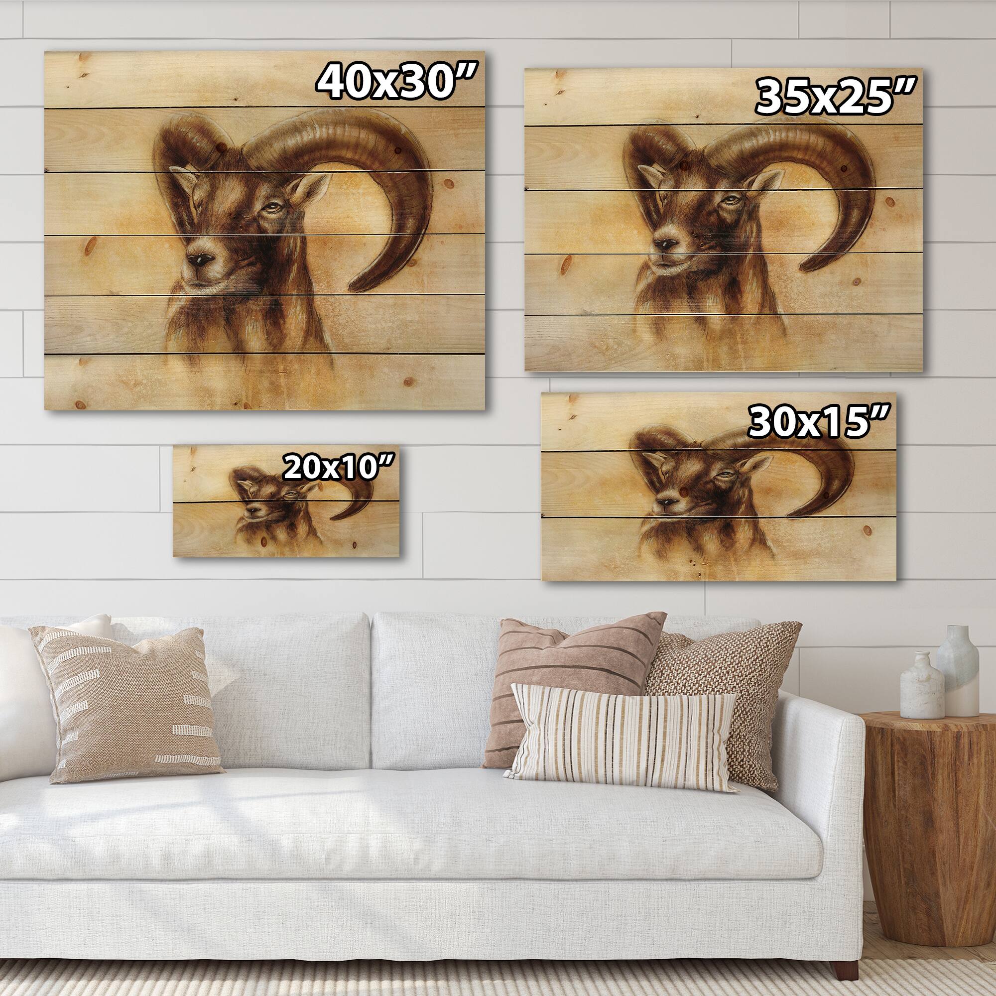 Designart - Portrait of Wild Ram With Mighty Horns I - Modern Print on Natural Pine Wood