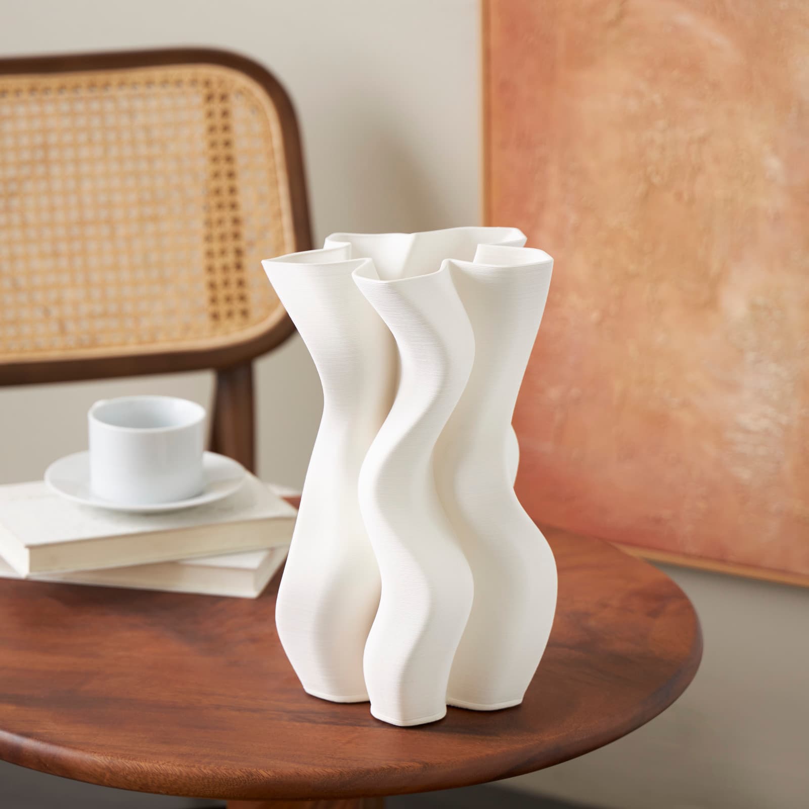 White Ceramic Abstract Ribbed Dimensional Wavy Vase with Floral Shaped Rim