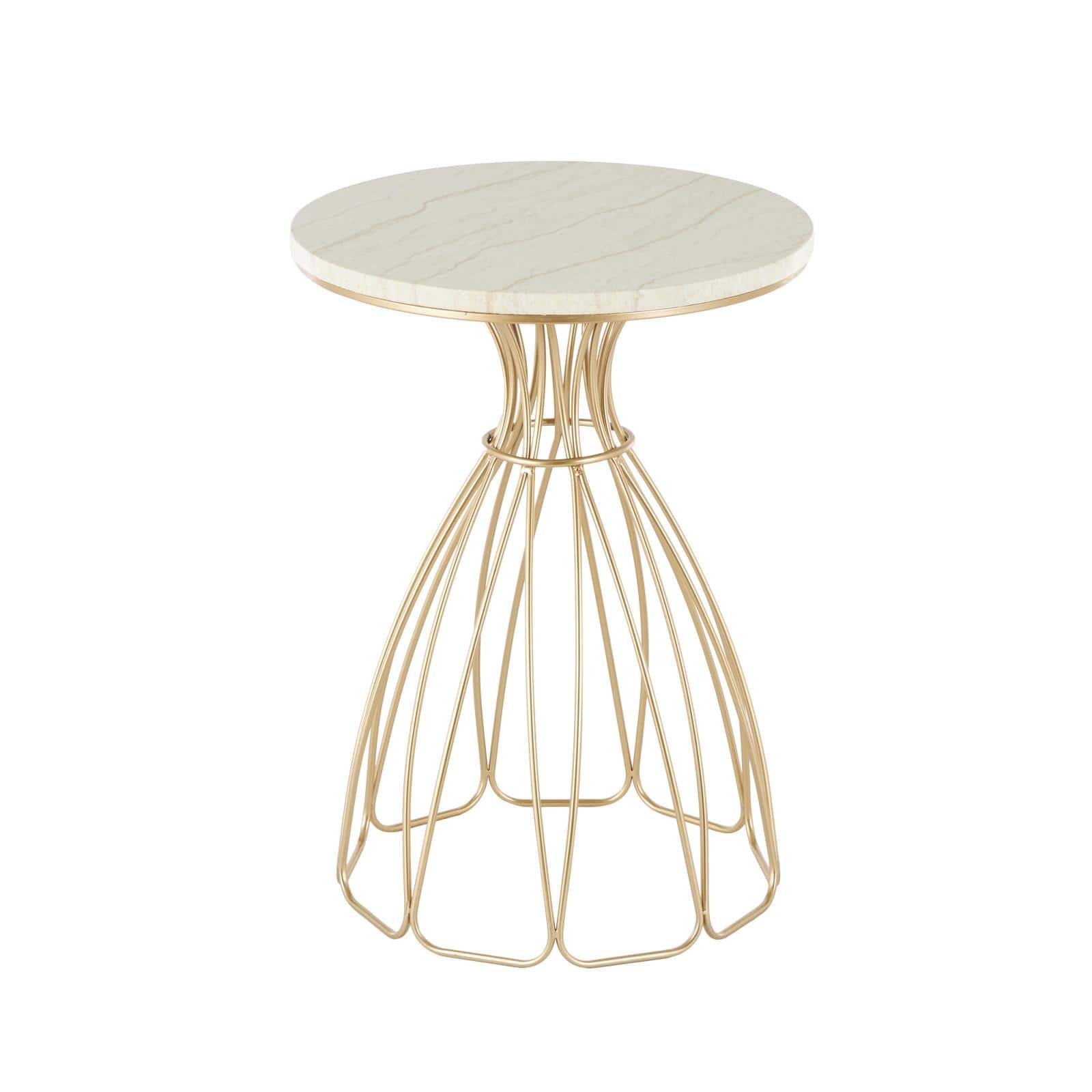 21.5" Gold Metal Flower Inspired Accent Table with Cream Marble Tabletop