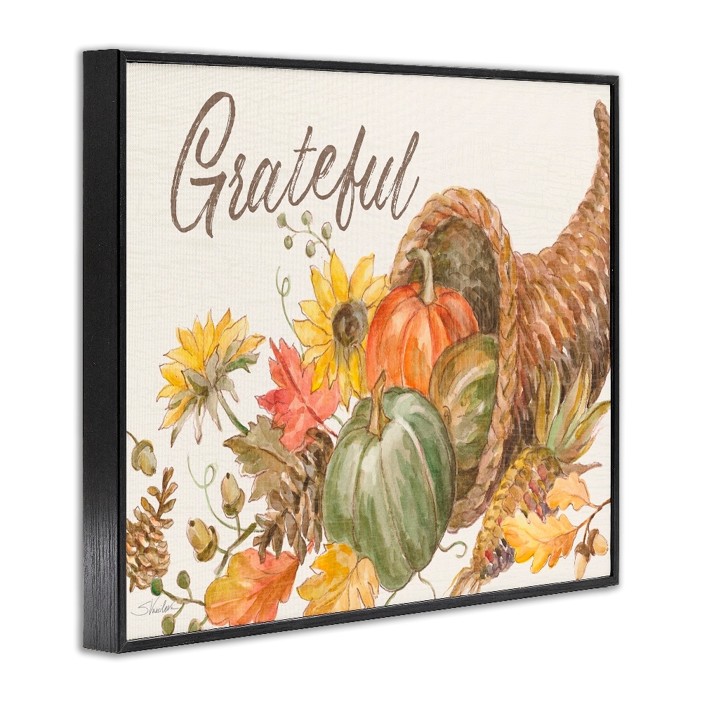 Stupell Industries Grateful Sentiment Autumn Harvest Cornucopia Pumpkins Framed Giclee Art