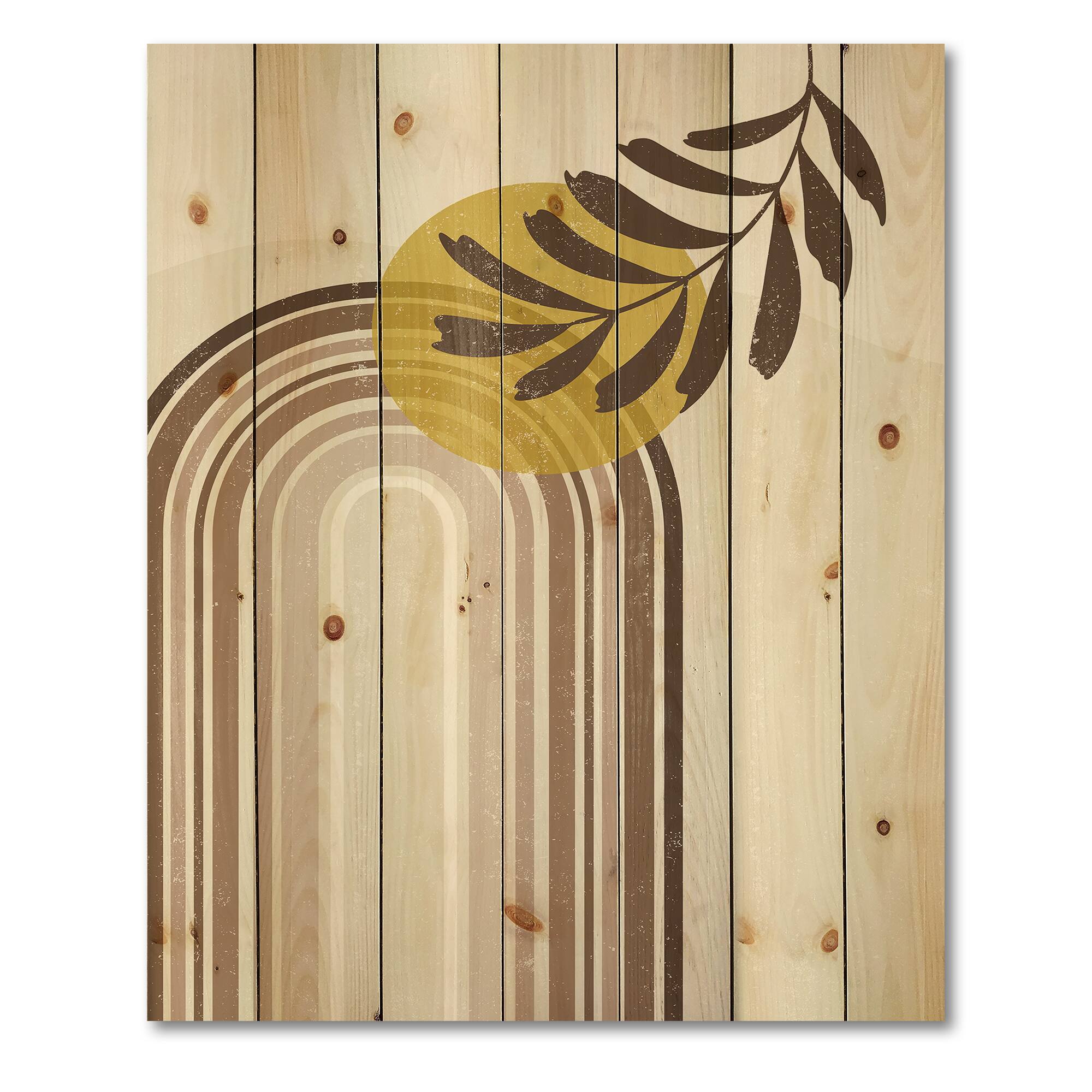 Designart - Abstract Sun and Moon With Leaf In Earth Tones - Modern Print on Natural Pine Wood