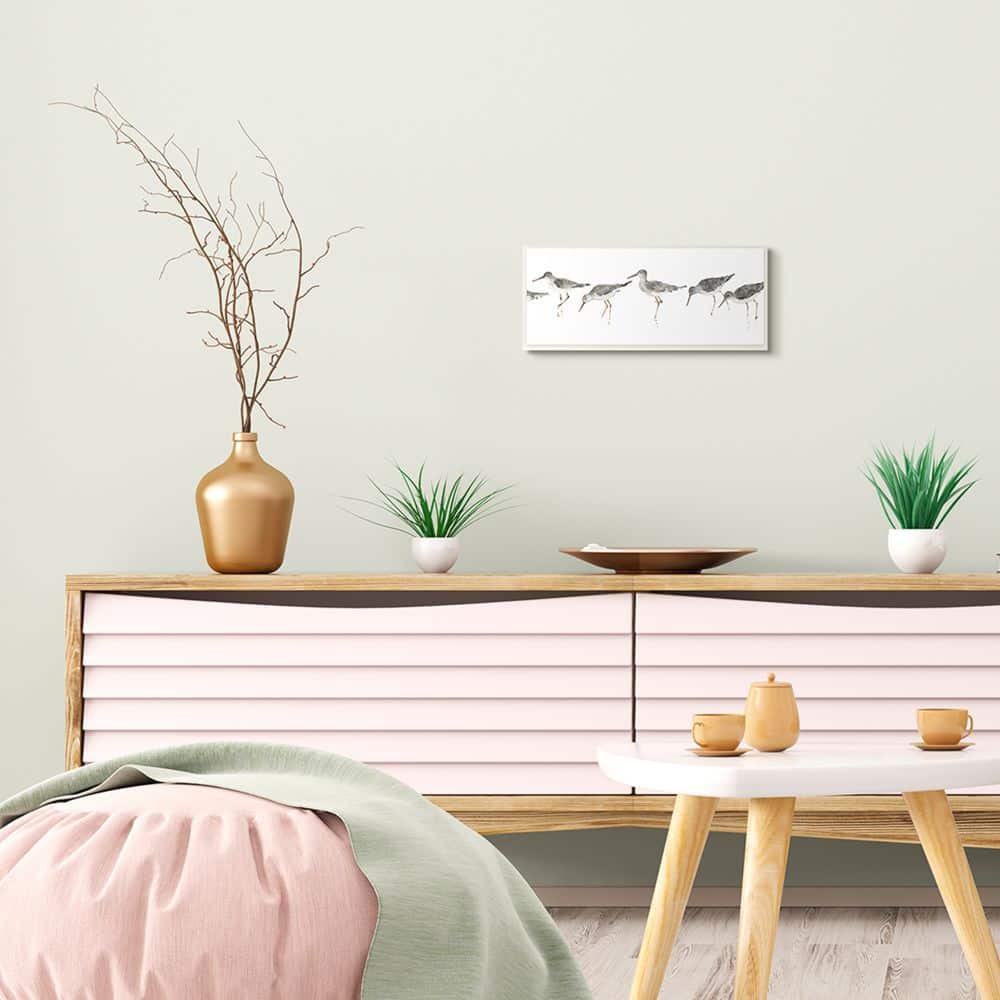 Stupell Industries Beach Bird Sandpipers Minimal Grey White Painting,7" x 17"