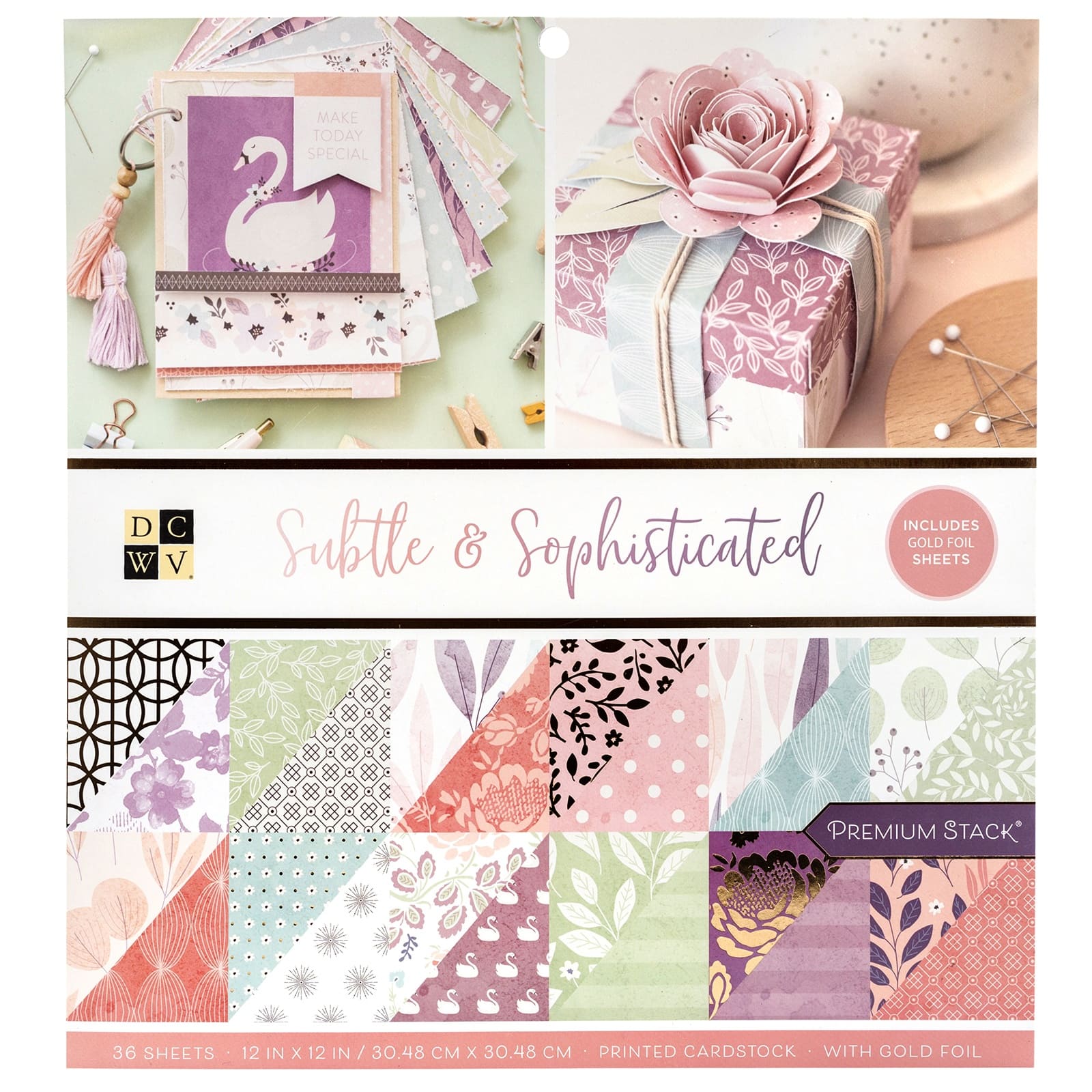 DCWV® 12" x 12" Subtle & Sophisticated Double‑Sided Cardstock Stack with Gold Foil, 36 Sheets