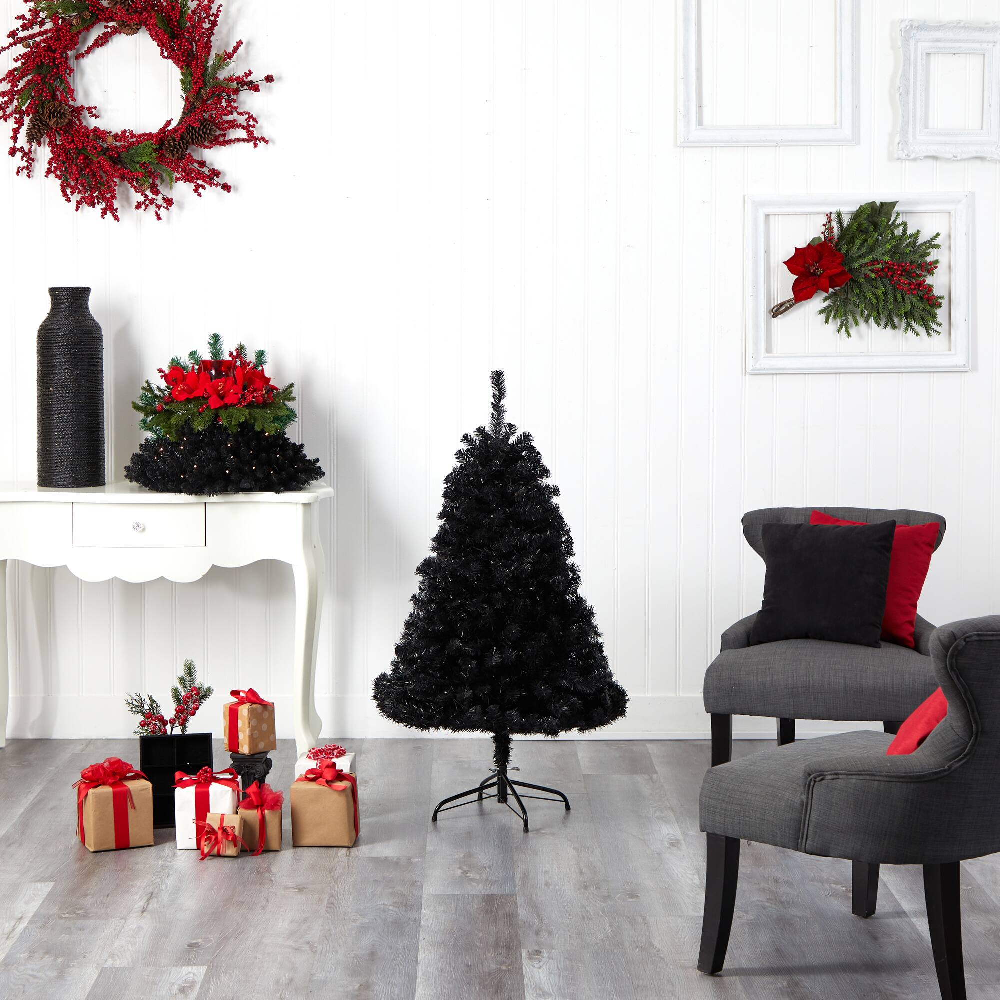 4ft. Pre-Lit Black Artificial Christmas Tree, Clear LED Lights