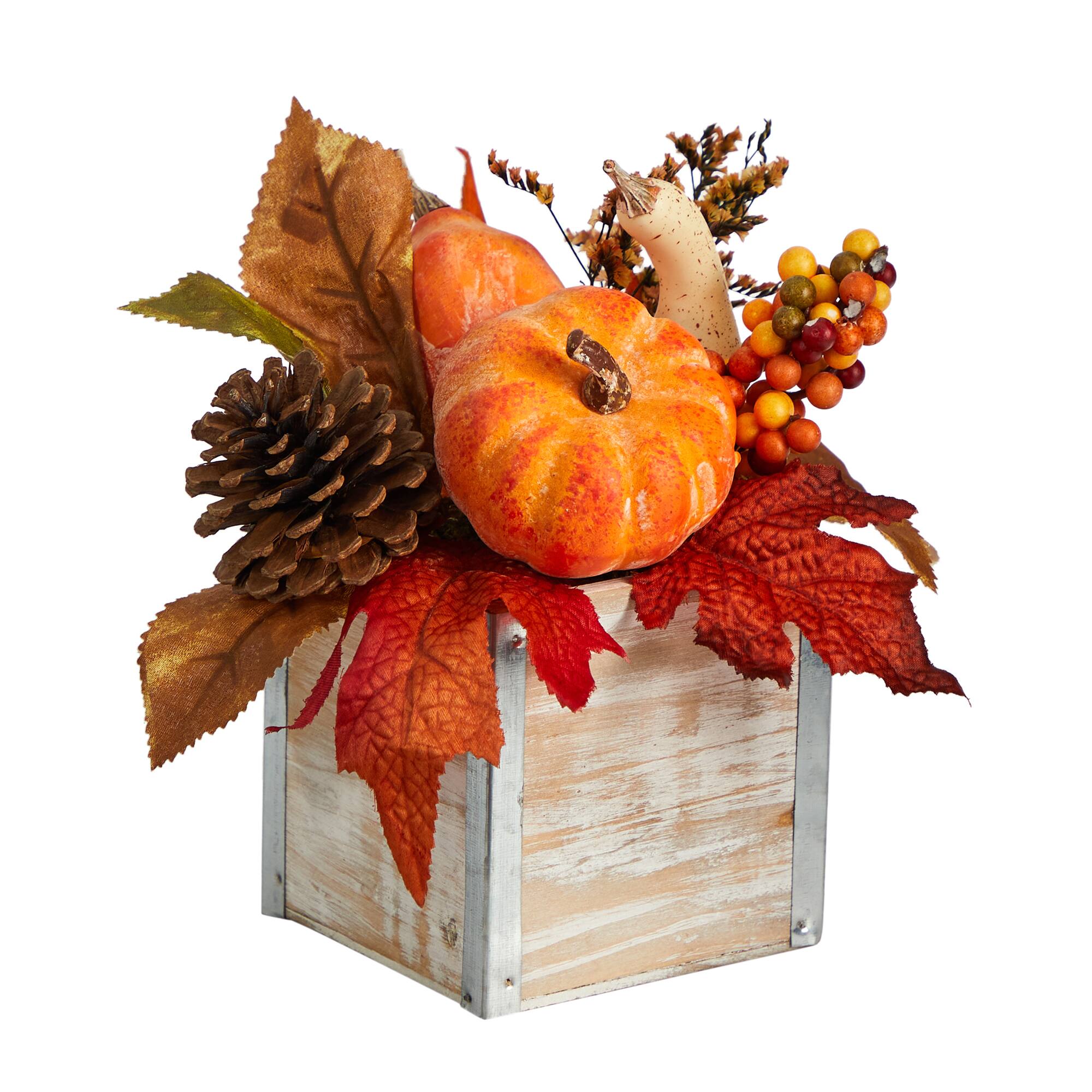 8" Pumpkin, Gourd, Berries & Pinecones Autumn Arrangement In Natural Washed Vase