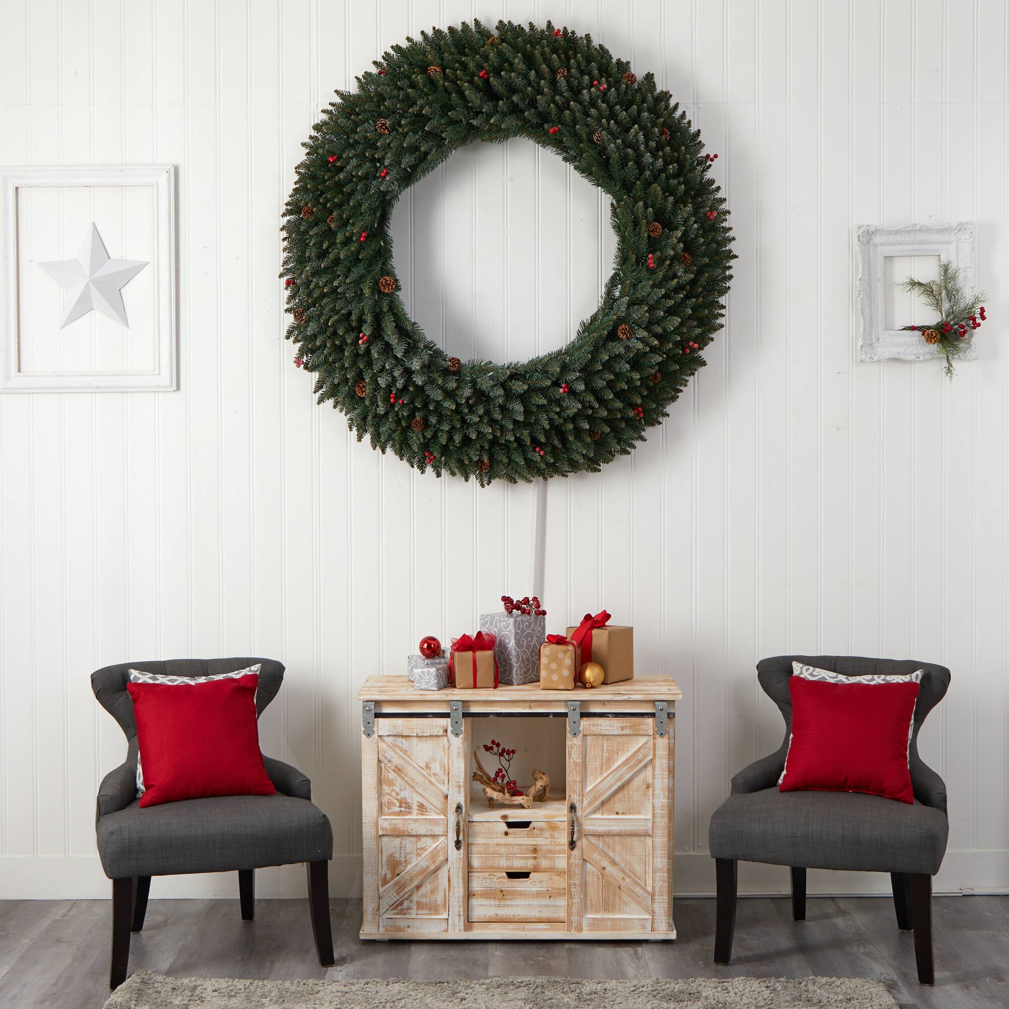 5ft. Clear LED Lights Flocked Artificial Christmas Wreath With Pinecones & Berries