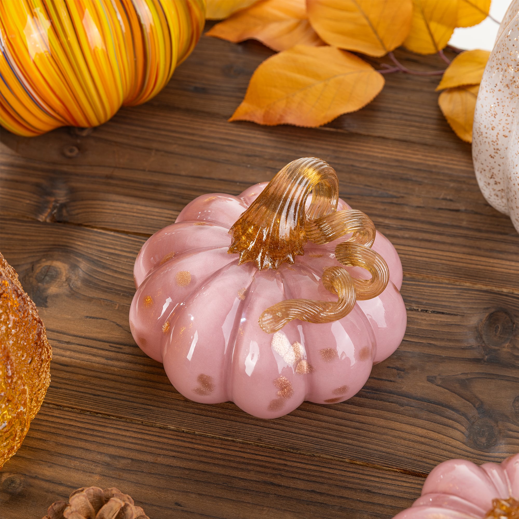 Glitzhome® 5.75" Pink Glass Pumpkin Fall Table Decor