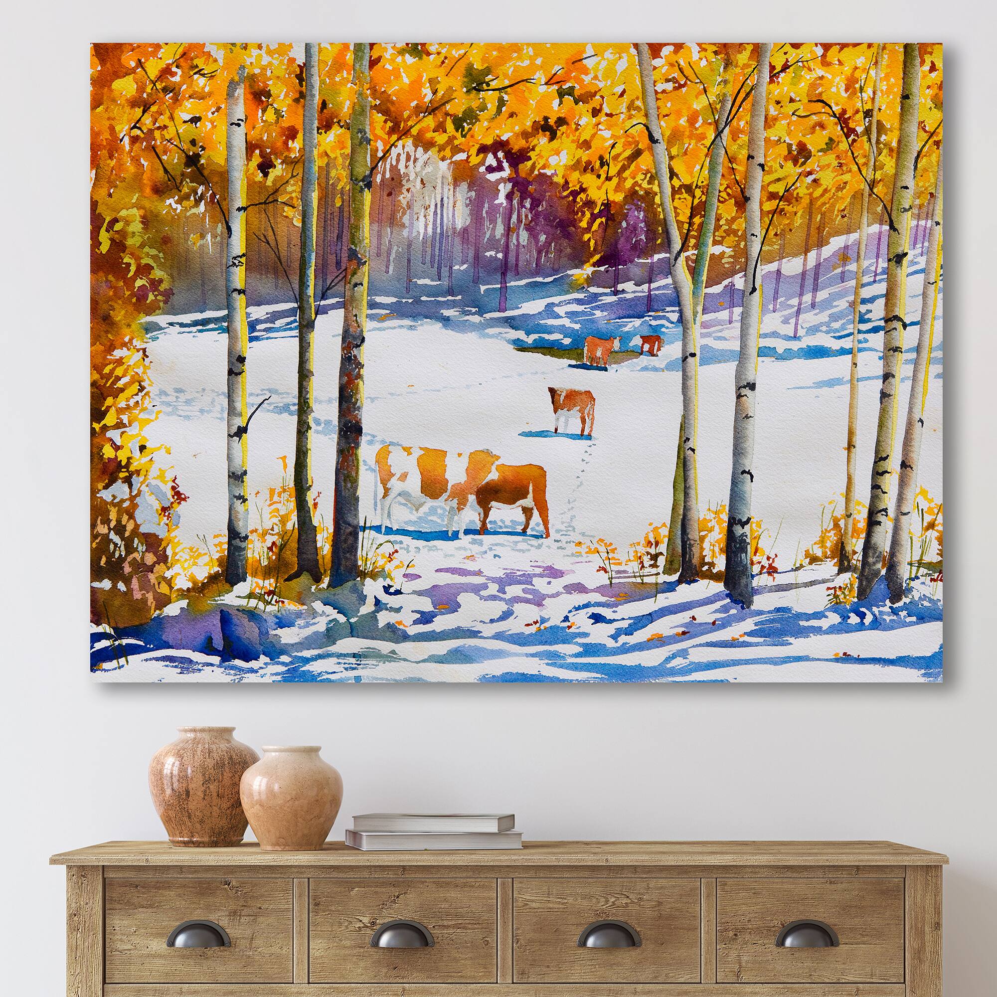Designart - Cattle In The Early Snow In The Forest - Farmhouse Canvas Wall Art Print