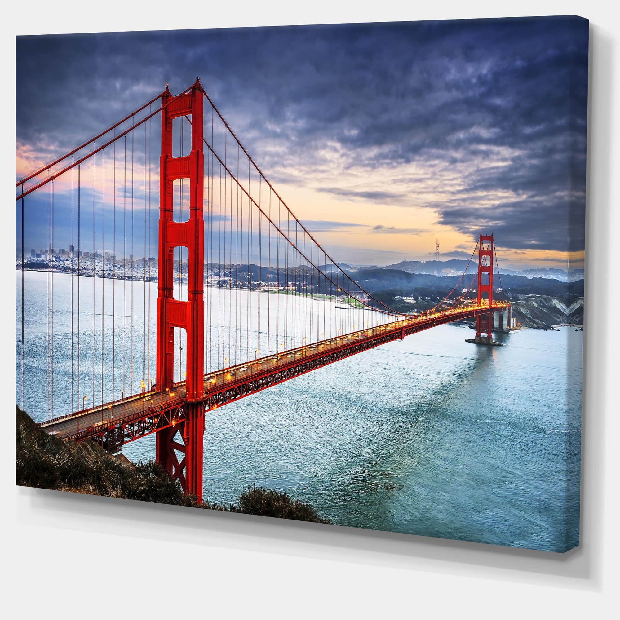 Designart - Golden Gate under Cloudy Sky - Sea Bridge Canvas Art Print