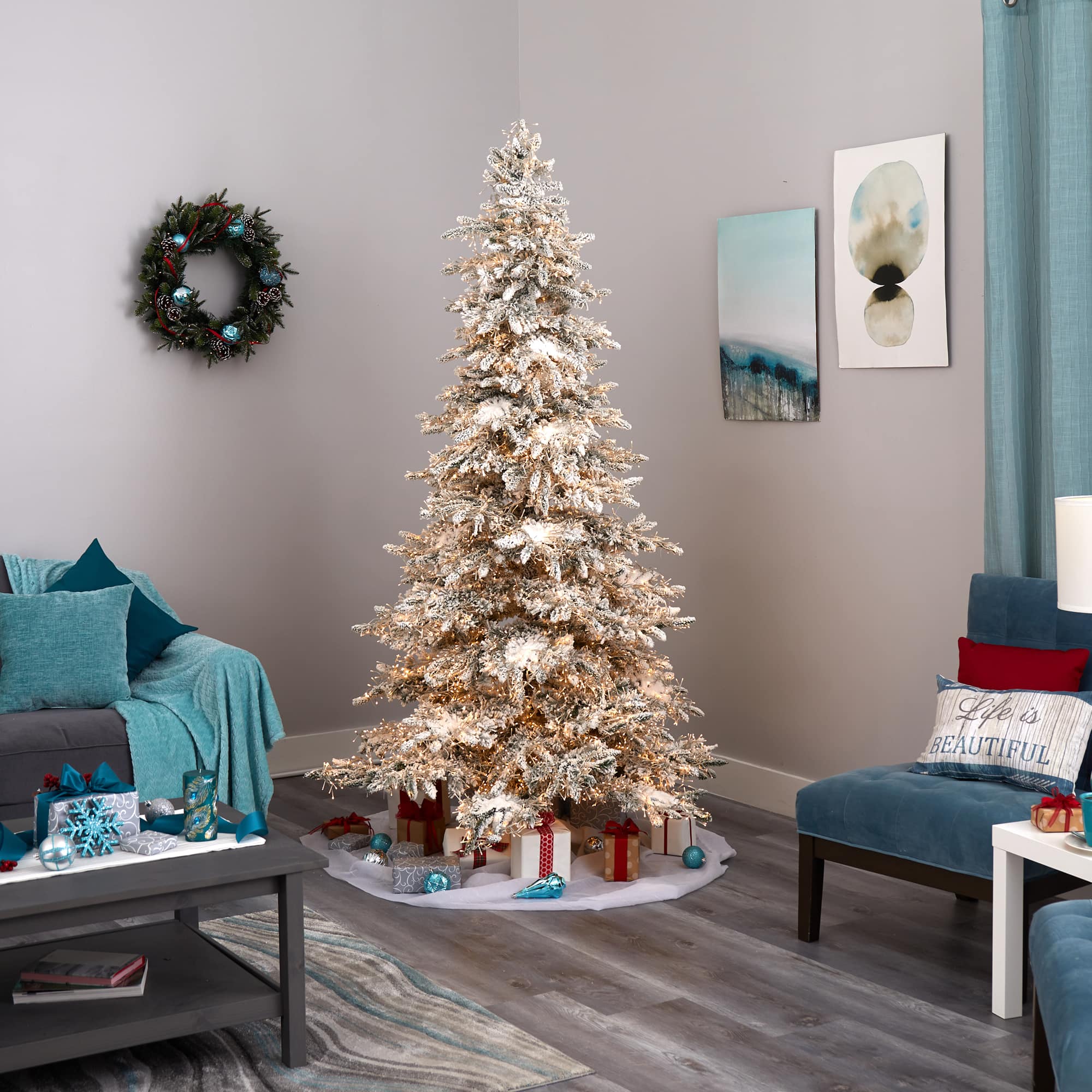 7.5ft. Pre-Lit Flocked Grand Northern Rocky Fir Artificial Christmas Tree with Warm Cluster Multifunction LED Lights