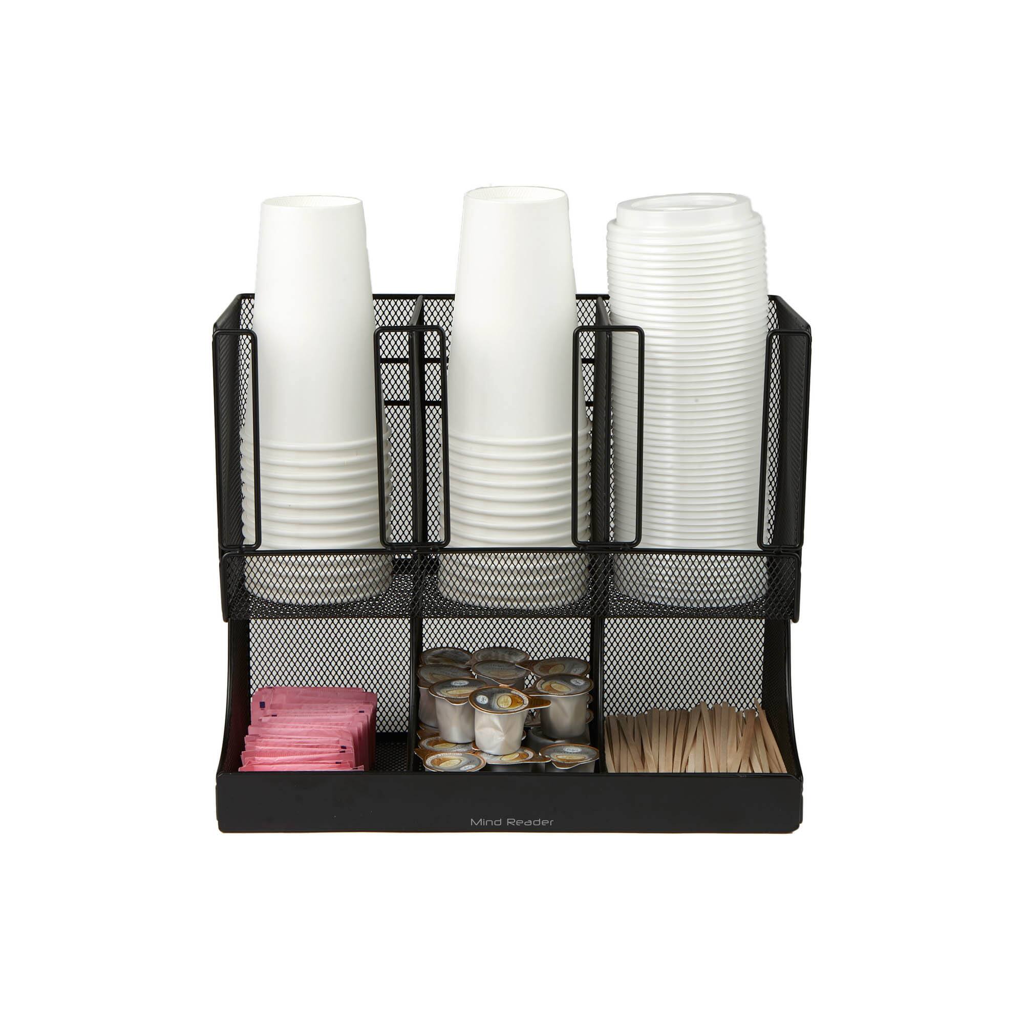 Mind Reader Black Metal Mesh 6 Compartment Upright Breakroom Coffee Condiment and Cup Storage Organizer