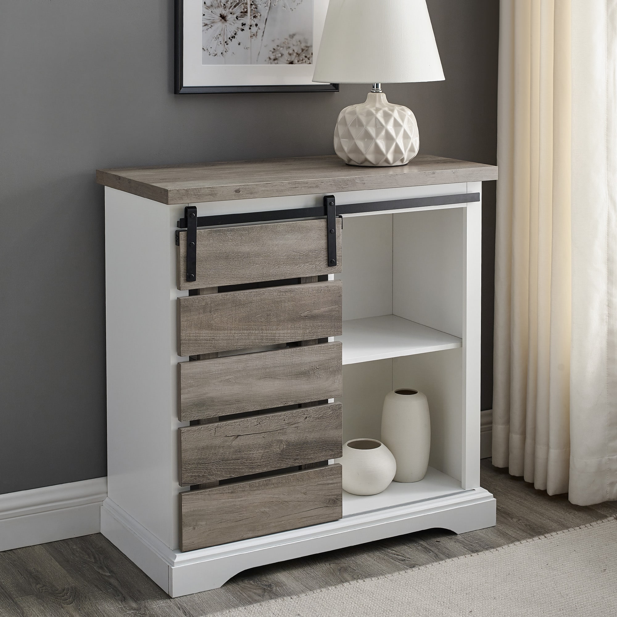 Edison Walker 32" Solid White & Grey Wash Two-Tone Sliding Slat Door Accent Cabinet