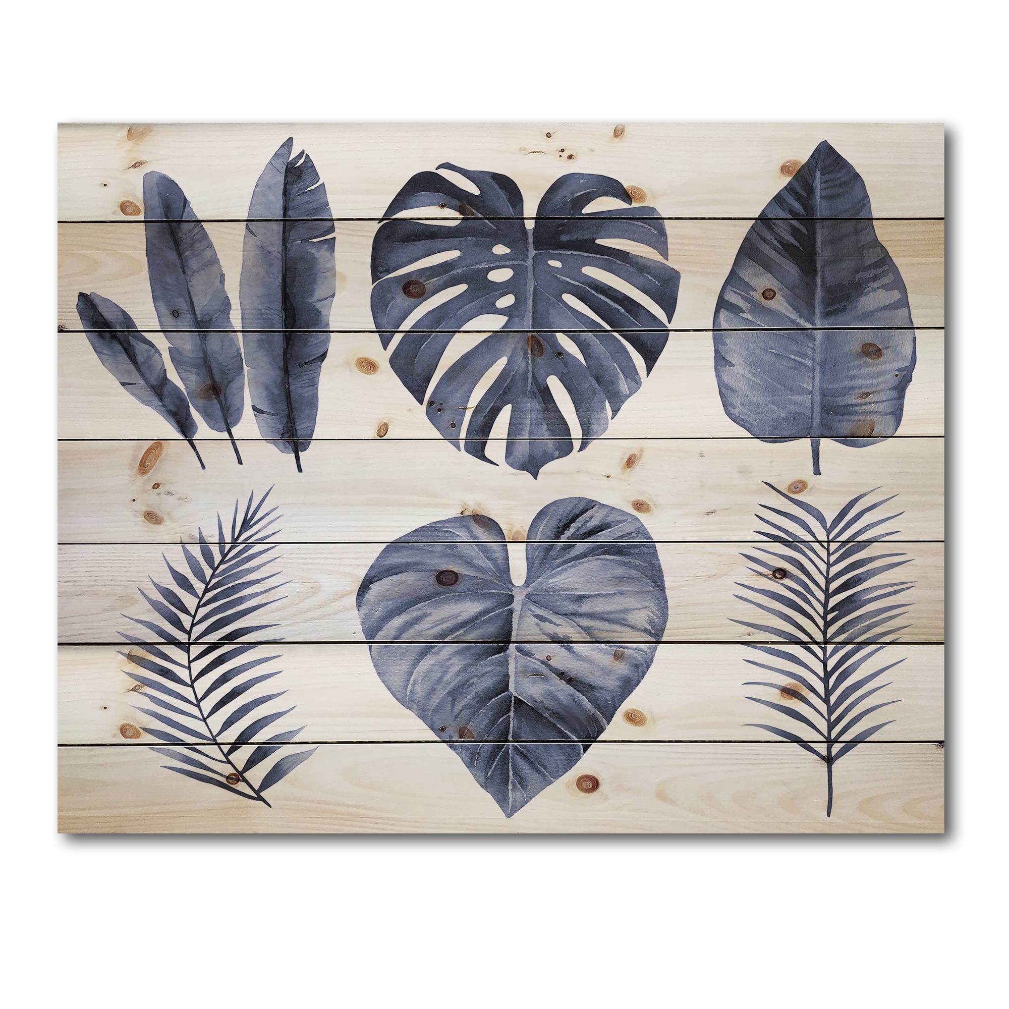 Designart - Tropical Blue Watercolour Leaves I - Farmhouse Print on Natural Pine Wood