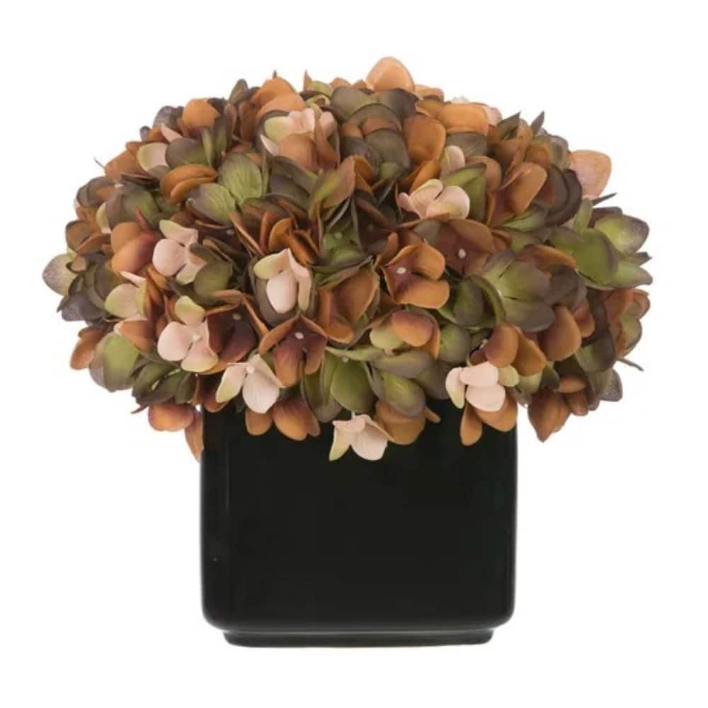 House of Silk Flowers 8" Faux Hydrangea in Glossy Black Ceramic Pot