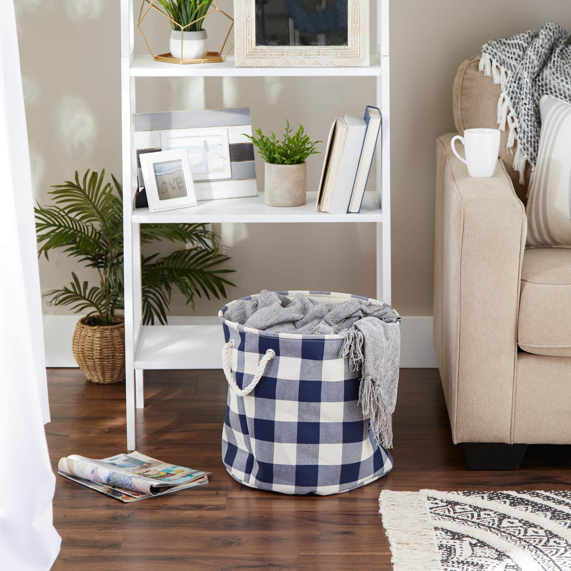 DII® Large Round Off White/Navy Buffalo Check Polyester Bin