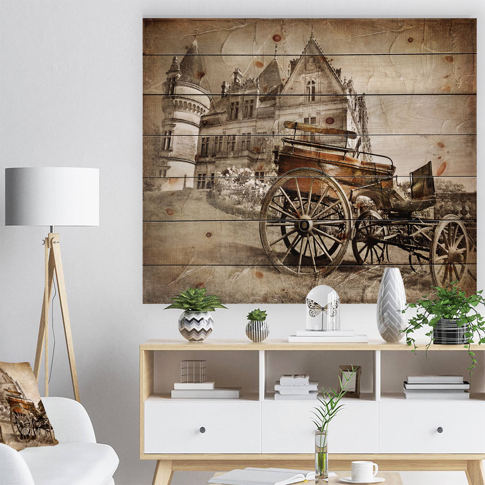 Designart - Medieval Castle with Carriage - Contemporary Print on Natural Pine Wood