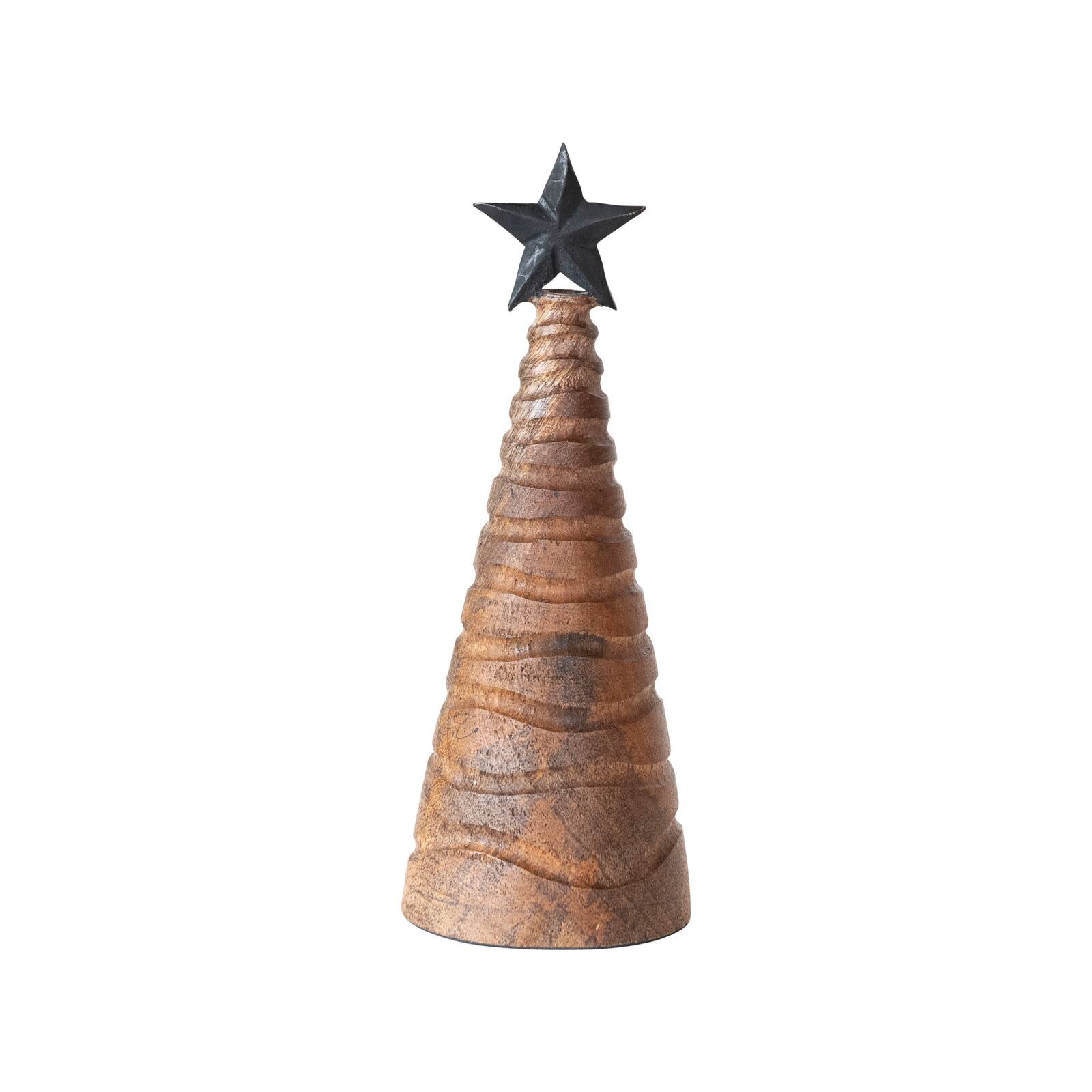 Hello Honey® 10.25" Tall Carved Mango Wood & Metal Christmas Tree with Black Star
