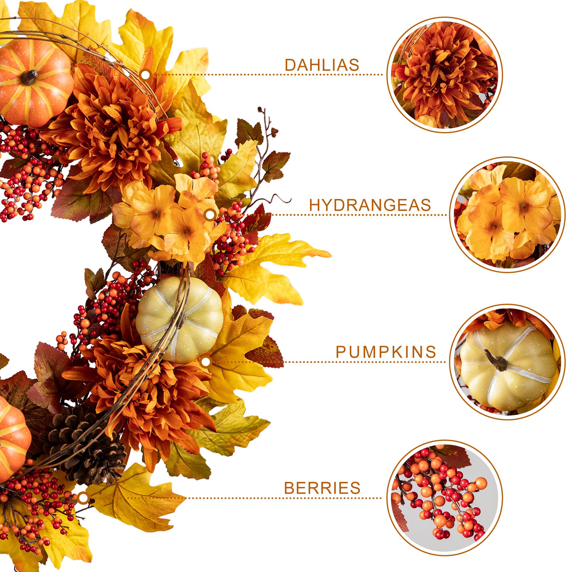 Glitzhome® 24" Fall Dahlia, Pumpkin, Leaf & Berry Wreath