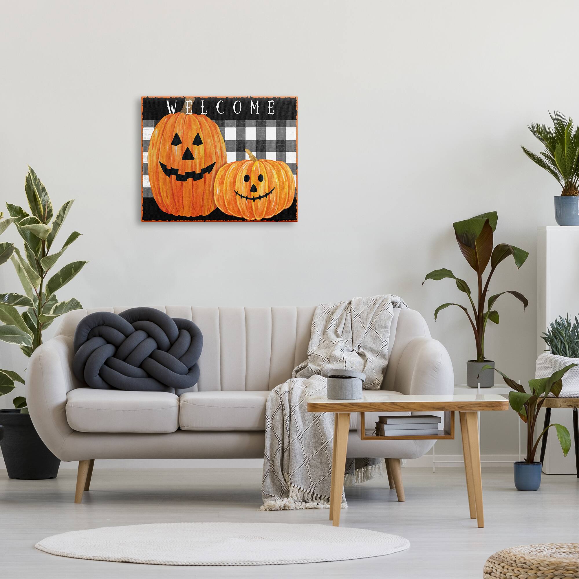 Stupell Industries Festive Halloween Welcome Happy Pumpkins Canvas Wall Art