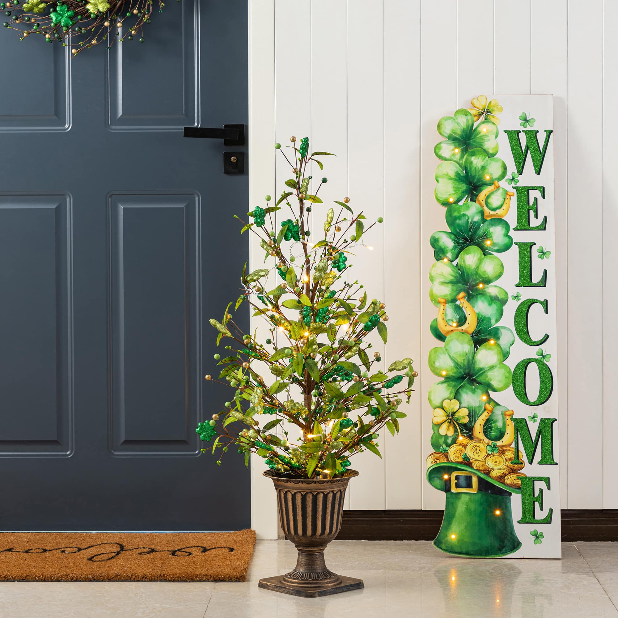 Glitzhome® 36" Lighted St. Patrick's Shamrock Urn Porch Tree with Timer