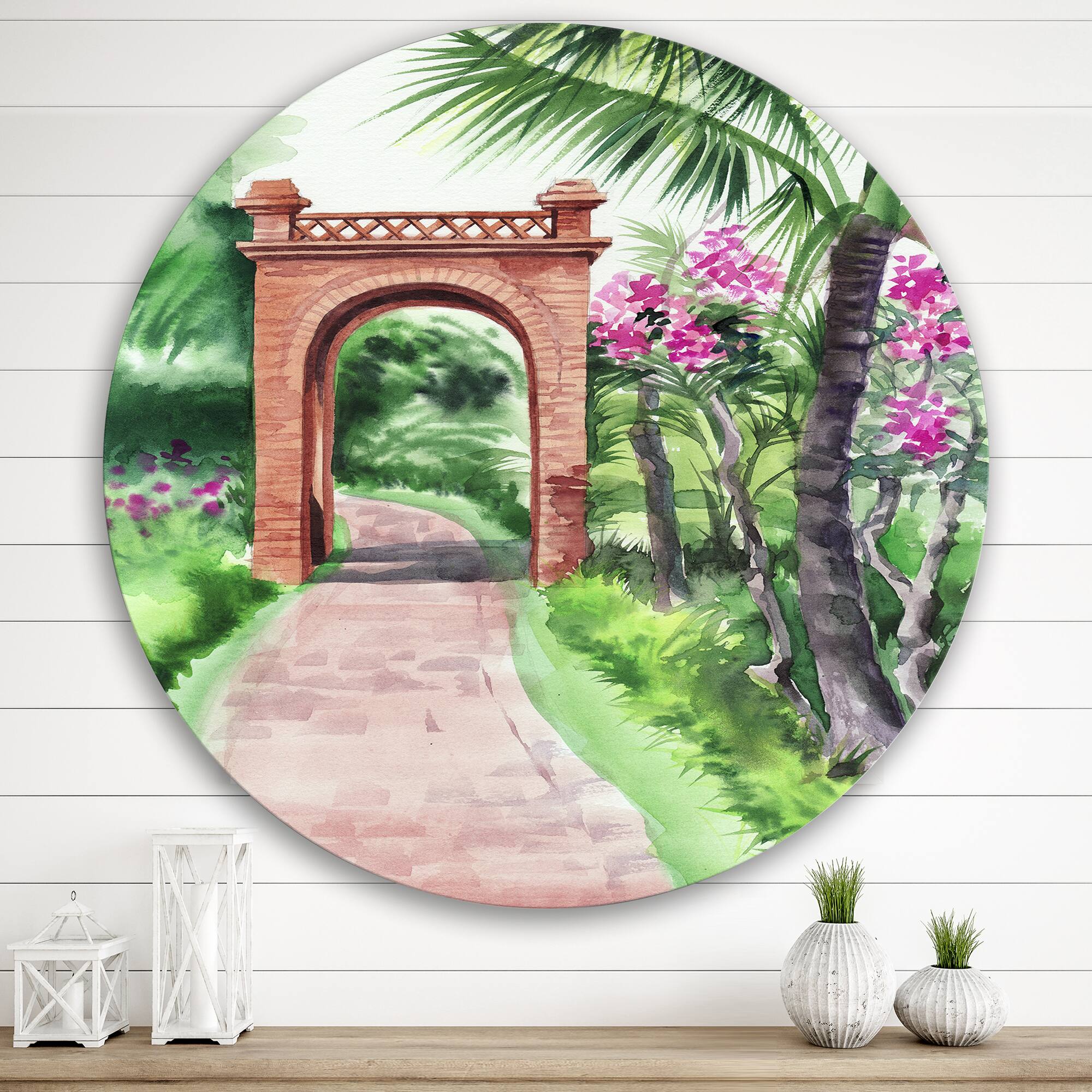 Designart - Traditional Gate In Tropical Oasis - Tropical Metal Circle Wall Art