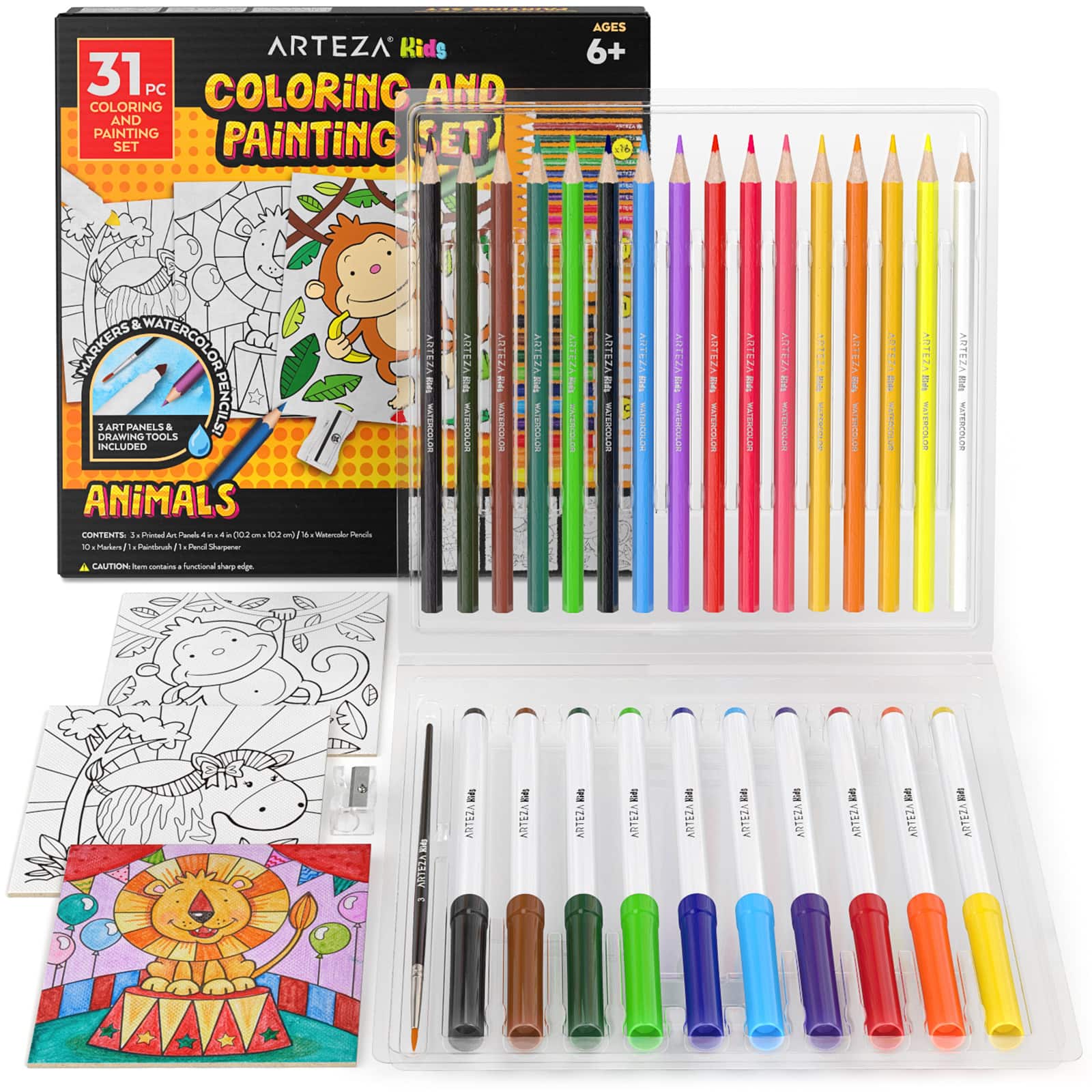 Arteza® Kids Canvas Paint Kit, 3 canvas 4x4 in, Watercolor pencils and markers