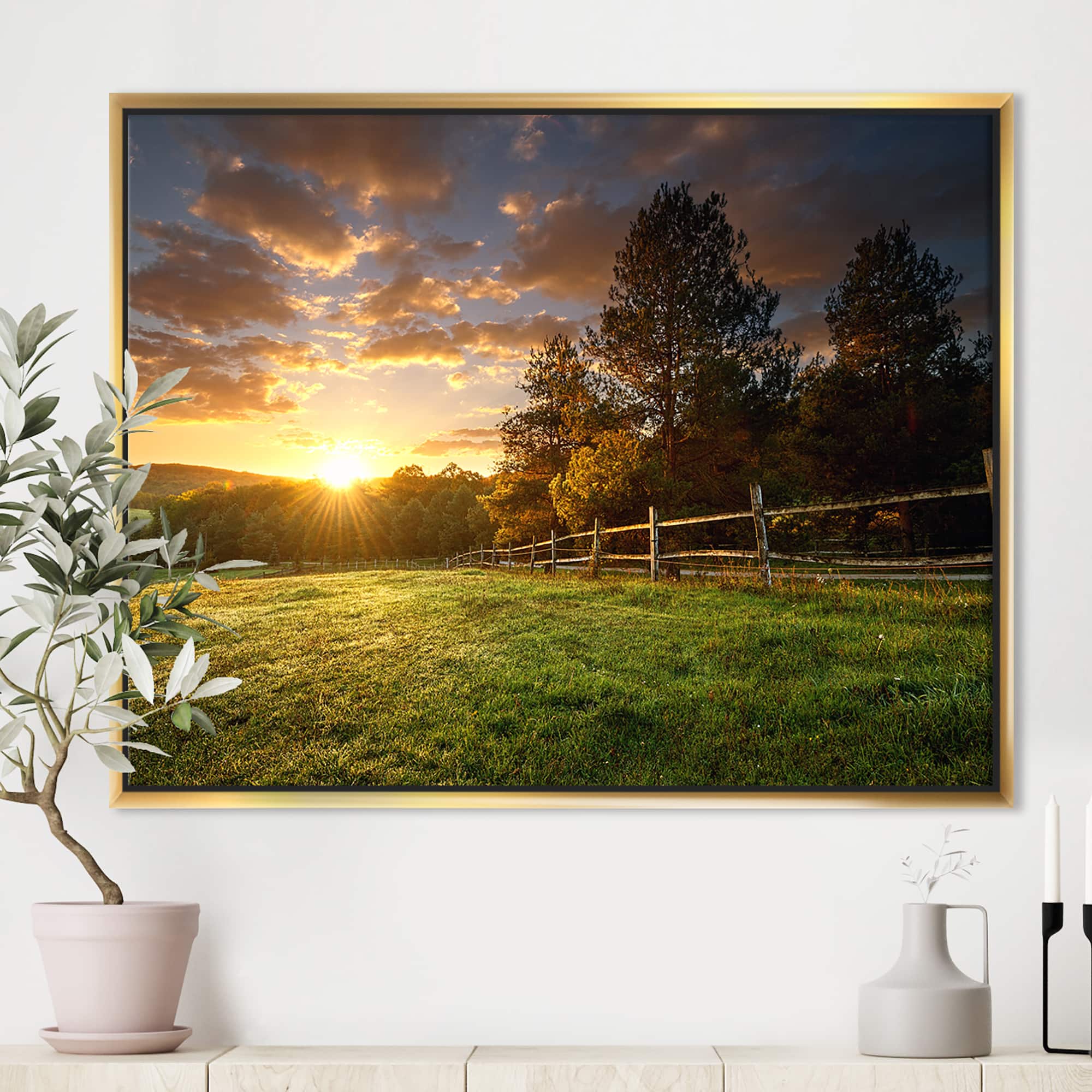 Designart - Fenced Ranch at Sunrise - Landscape Framed Canvas Art Print