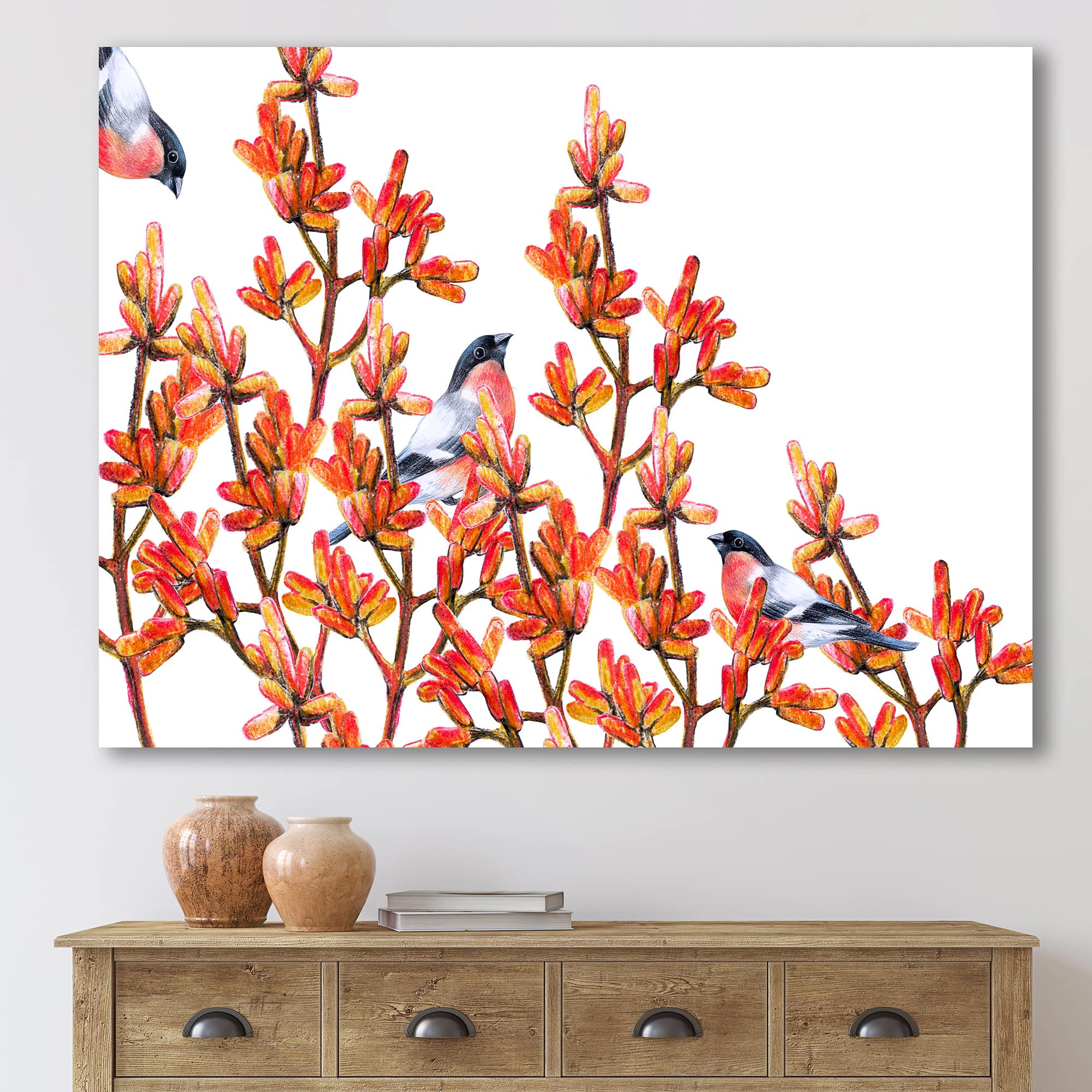 Designart - Flock of Bullfinches Birds on Orange Branches