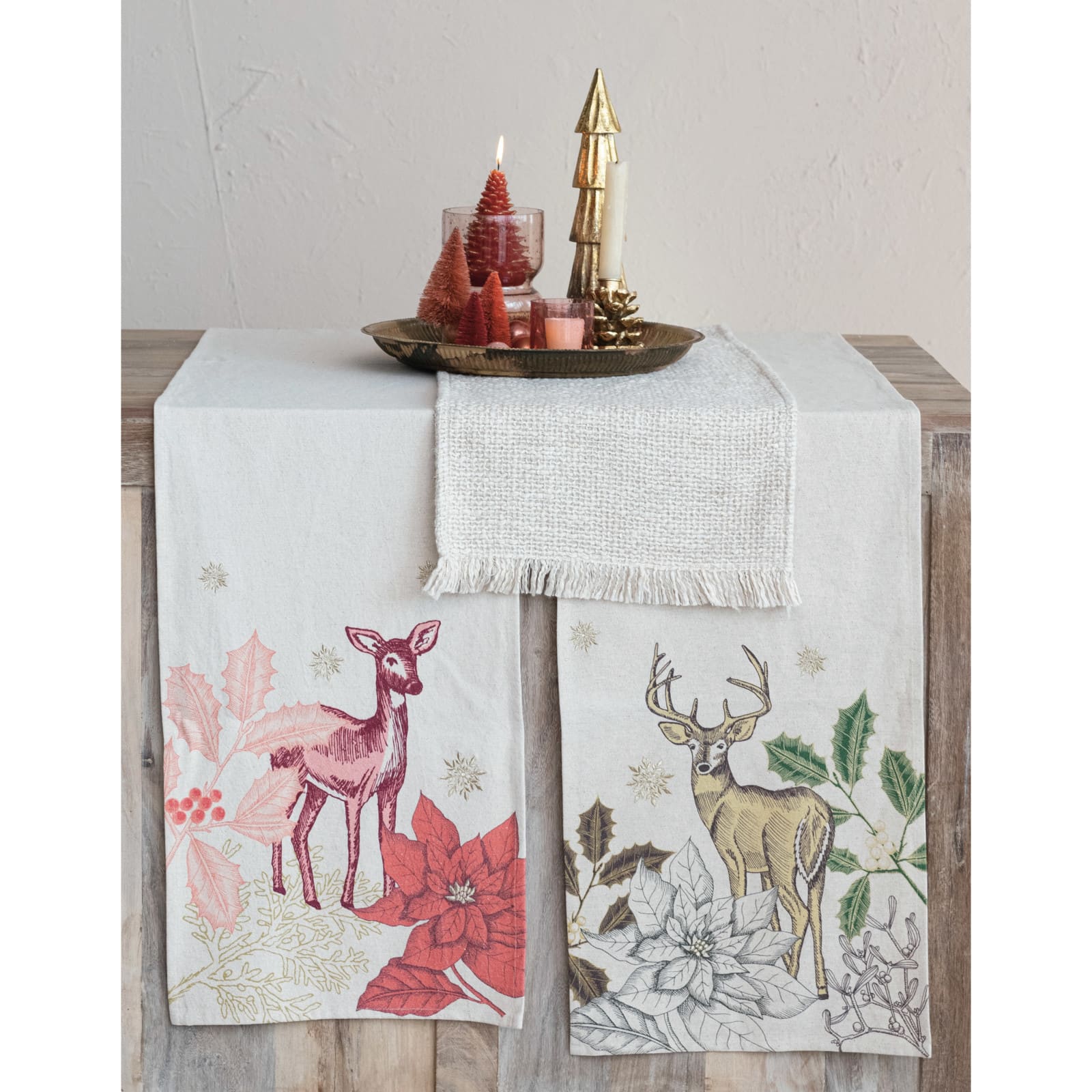 Hello Honey® 72" Natural White Cotton & Linen Printed Table Runner with Flora/Fauna Pattern & Metallic Gold Thread Embroidery