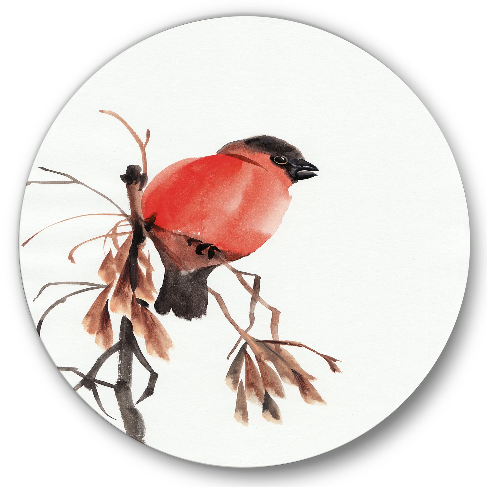 Designart - Red Bullfinch Bird On A Branch - Traditional Metal Circle Wall Art