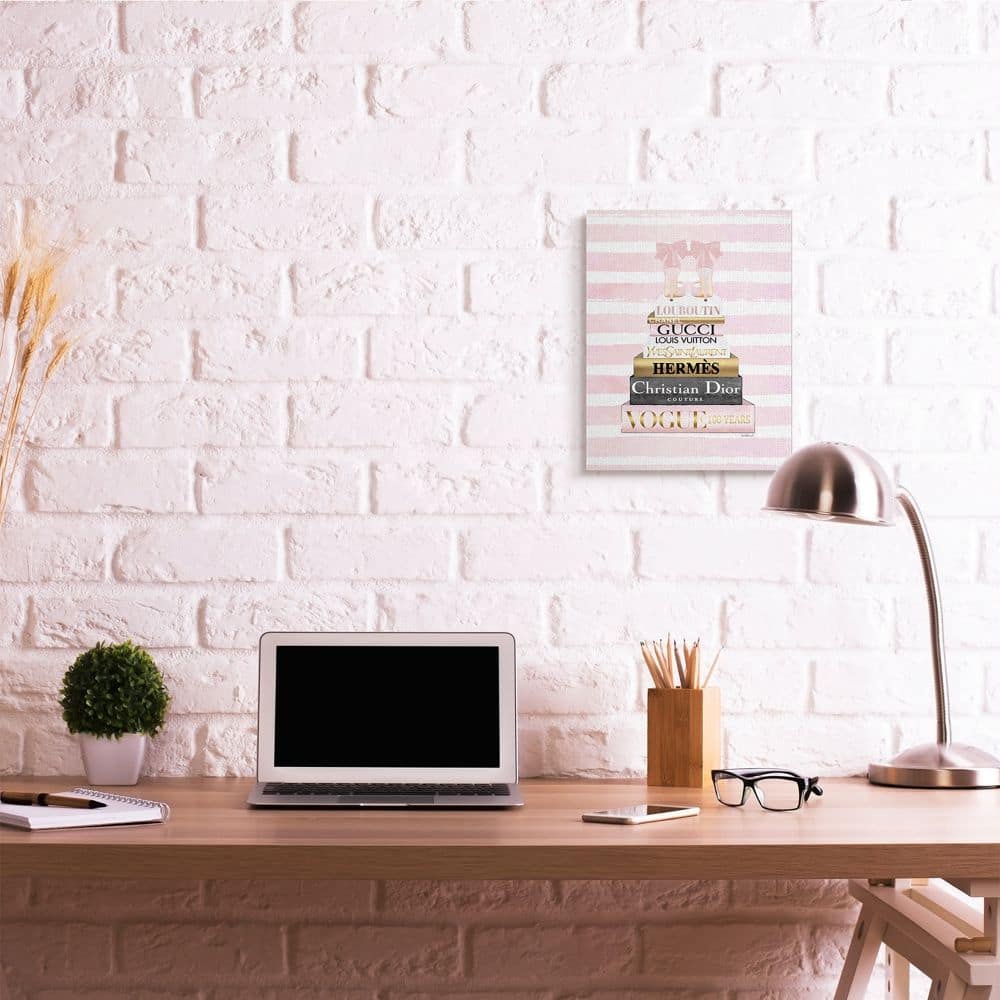 Stupell Industries Glam Fashion Heals with Bookstack and Pink Stripes Canvas Wall Art