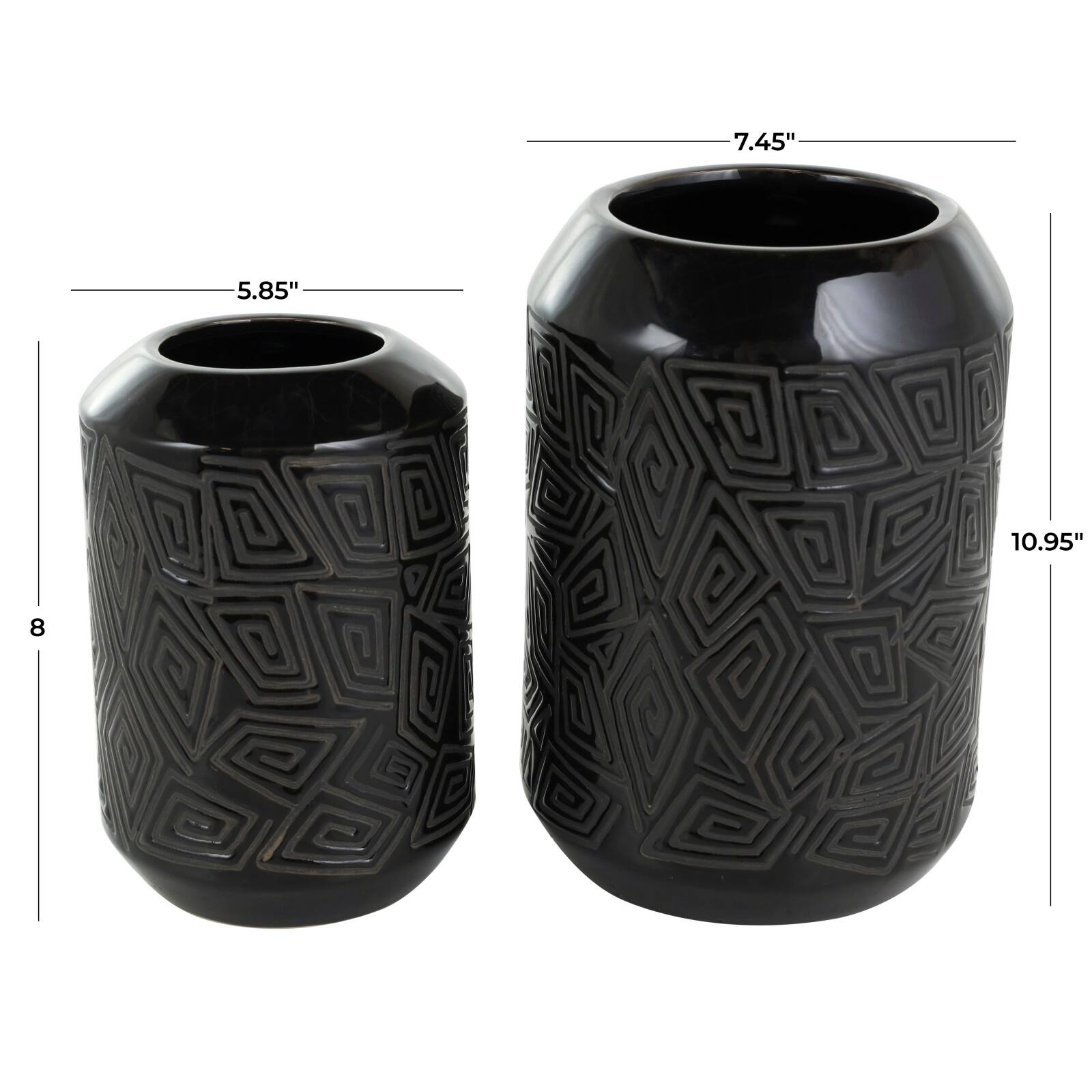 Black Ceramic Vase with Geometric Etchings Set