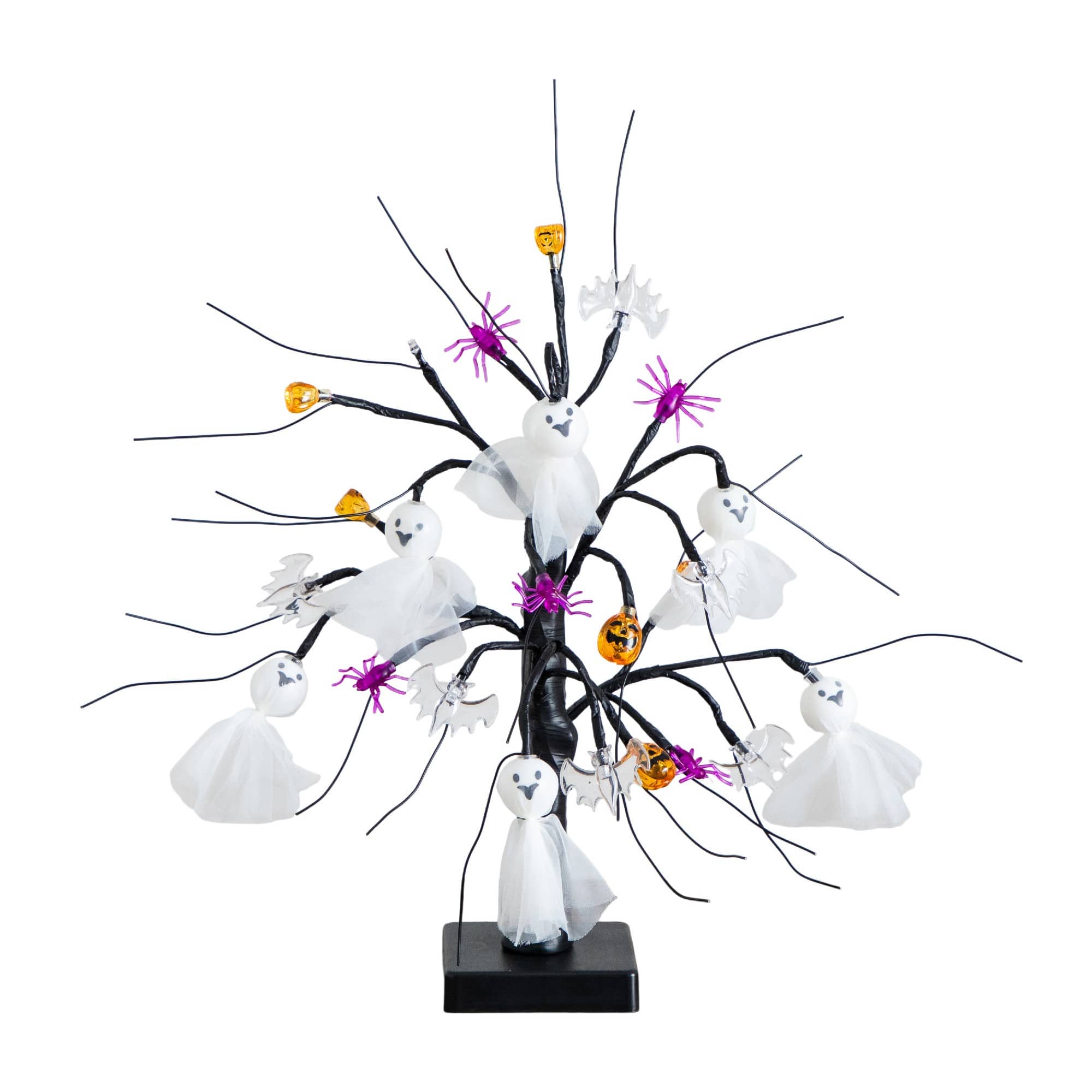 18in. Pre-Lit Artificial Halloween Ghost Dolls, Spiders, Bats & Pumpkins 24 LED Lighted Ornament Tree