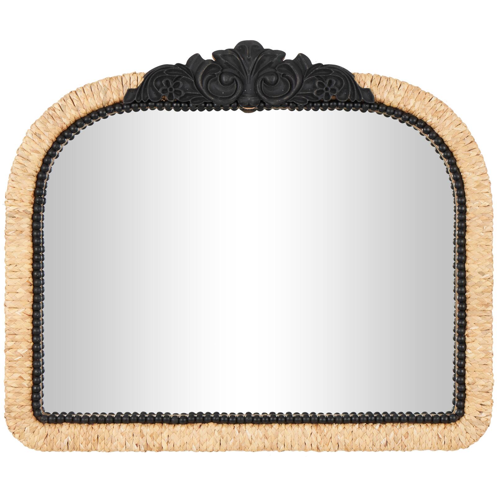 35" Brown & Black Woven Floral Rattan Wall Mirror with Beaded Detailing