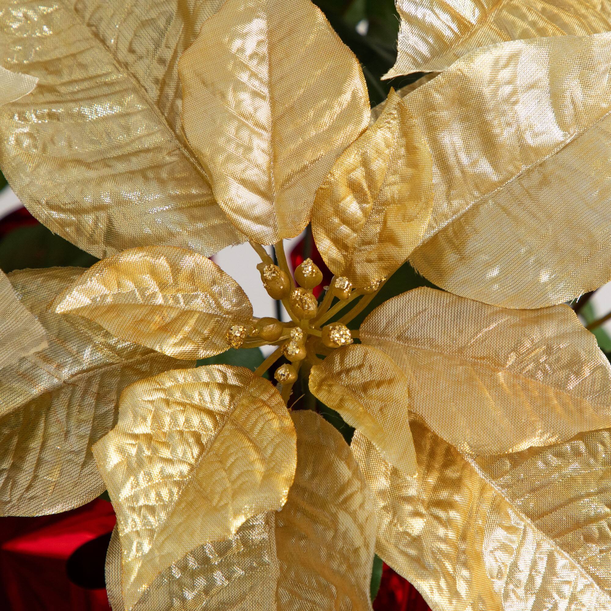 Nearly Natural 18" Gold Lush Velvet Artificial Poinsettia Arrangement in Red Wrapped Planter