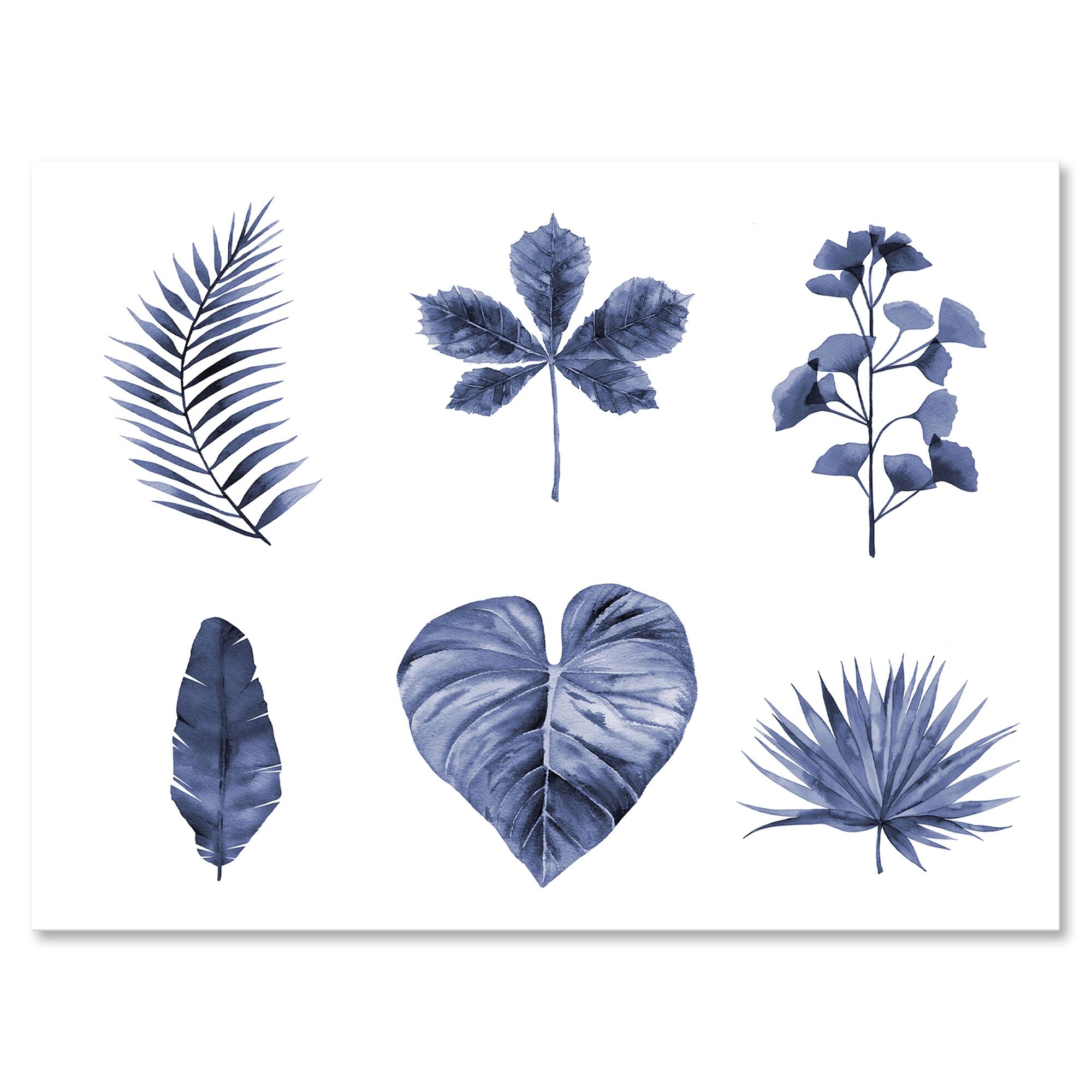 Designart - Abstract Blue Set Of Plant Leaves - Traditional Canvas Wall Art Print