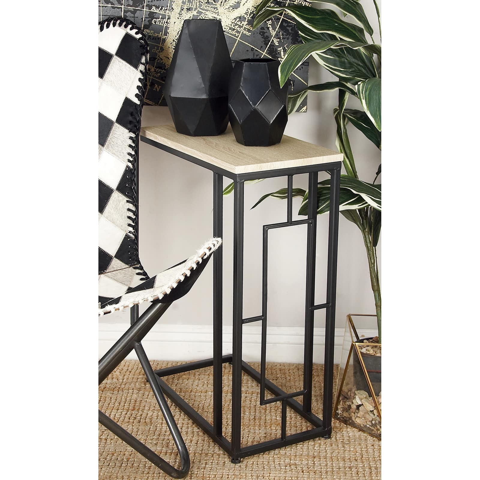 Black Iron & Wood Contemporary Accent Table
