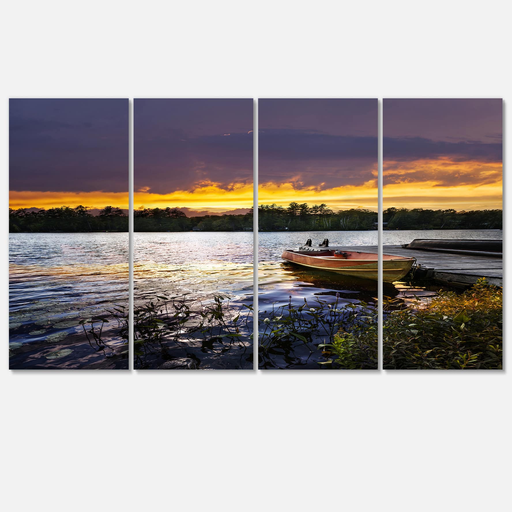 Designart - Boat Docked in Lake at Sunset