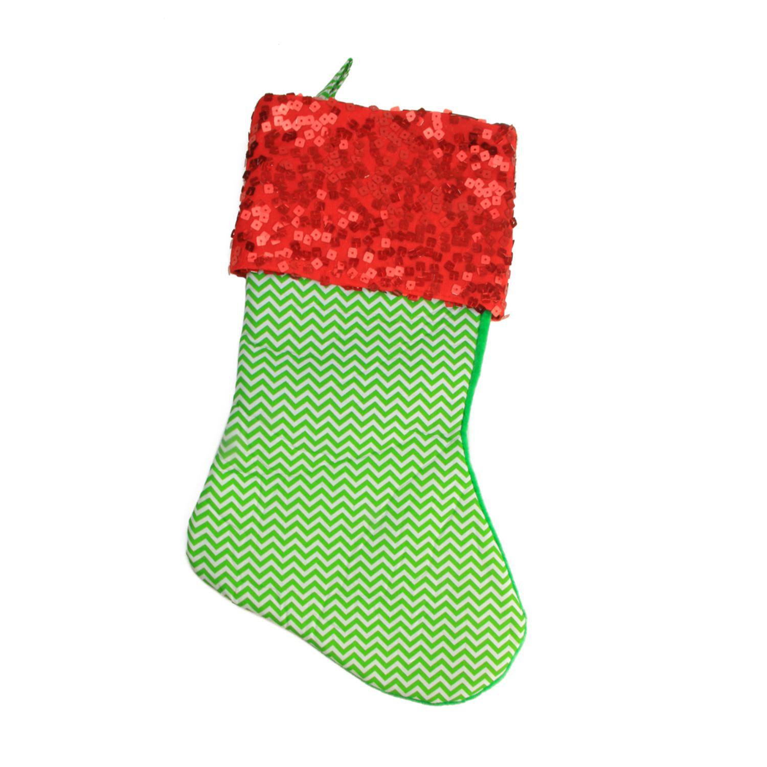 19" Chevron & Sequin Cuff Christmas Stocking, Green